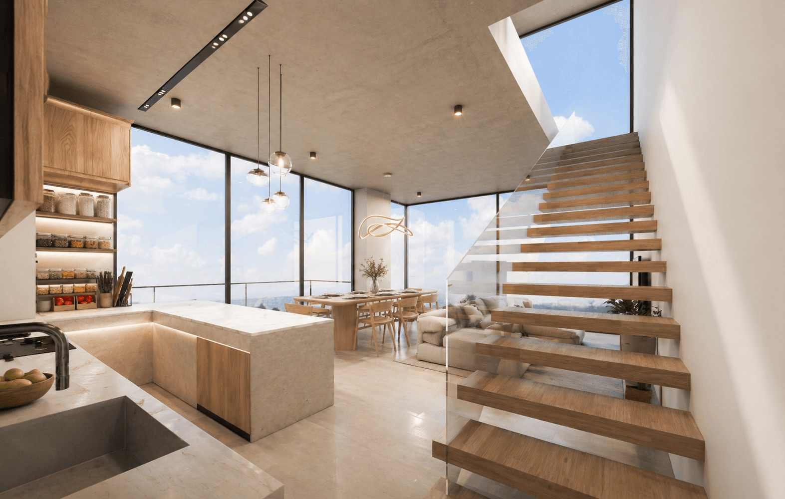 Duplex moderne avec cuisine ouverte, salon et escalier en bois dans le projet Narciso La Cuadrita à Asunción au Paraguay.