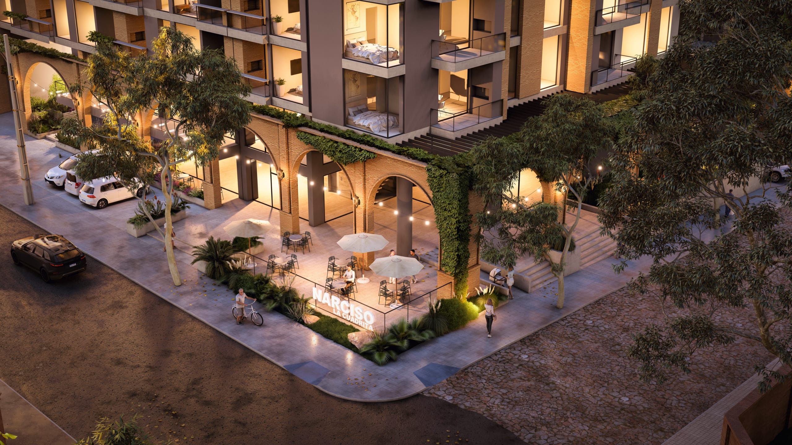 Rez-de-chaussée avec arches, terrasse extérieure et entrée du projet Narciso La Cuadrita à Asunción au Paraguay.