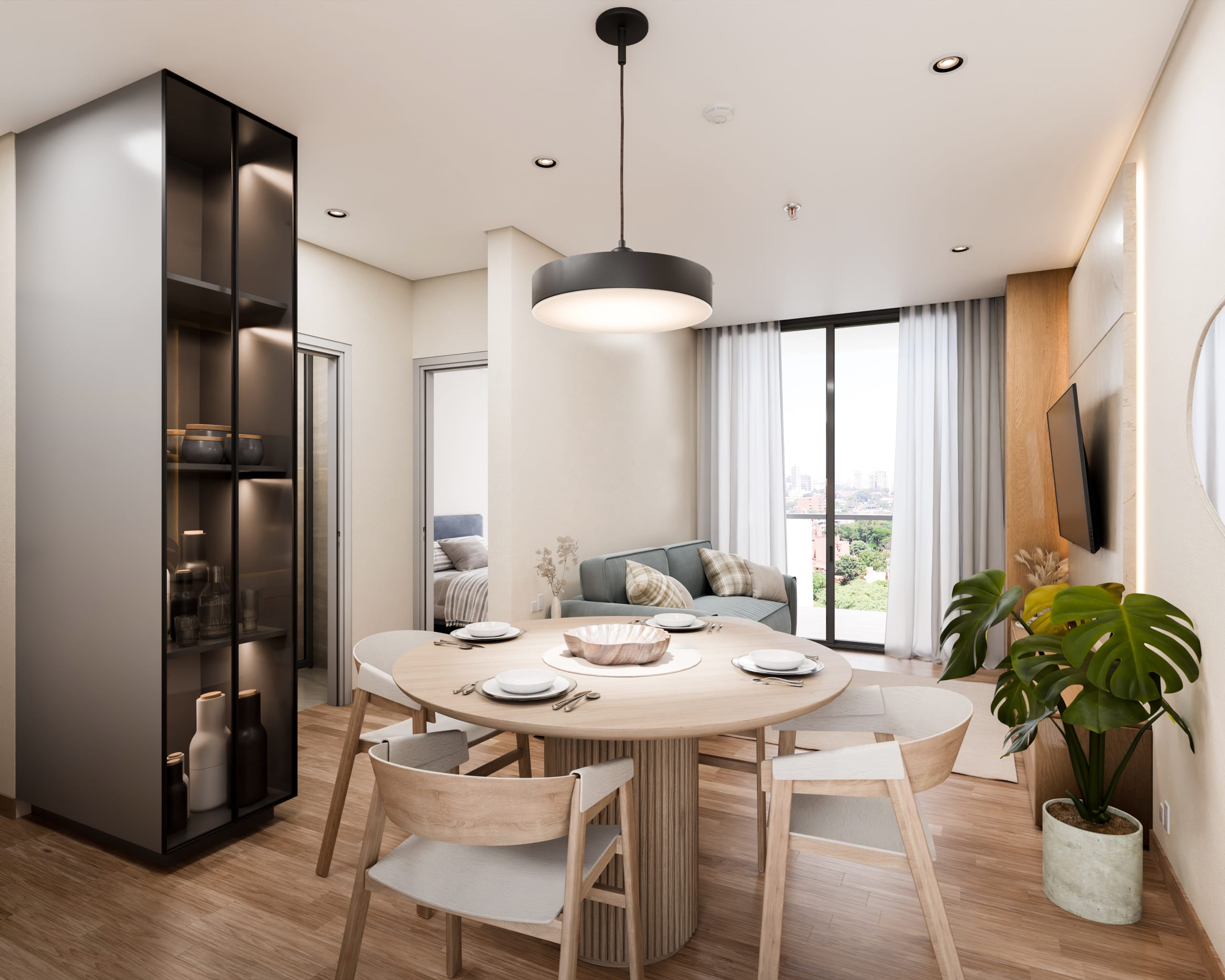 Salle à manger moderne ouverte sur un salon lumineux dans un appartement Narciso La Cuadrita à Asunción au Paraguay.
