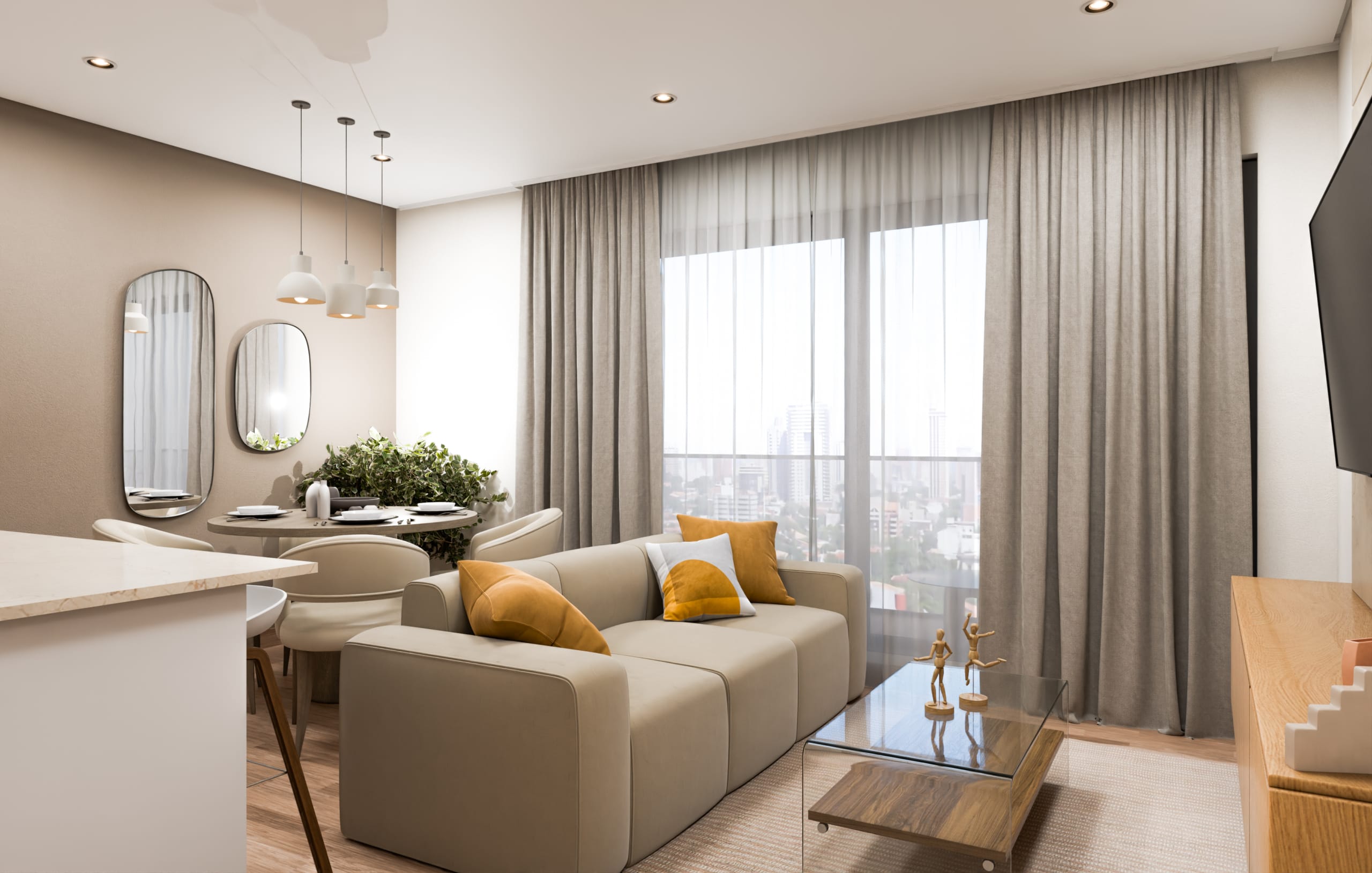 Salon moderne avec salle à manger ouverte et grande baie vitrée dans un appartement Narciso La Cuadrita à Asunción au Paraguay.