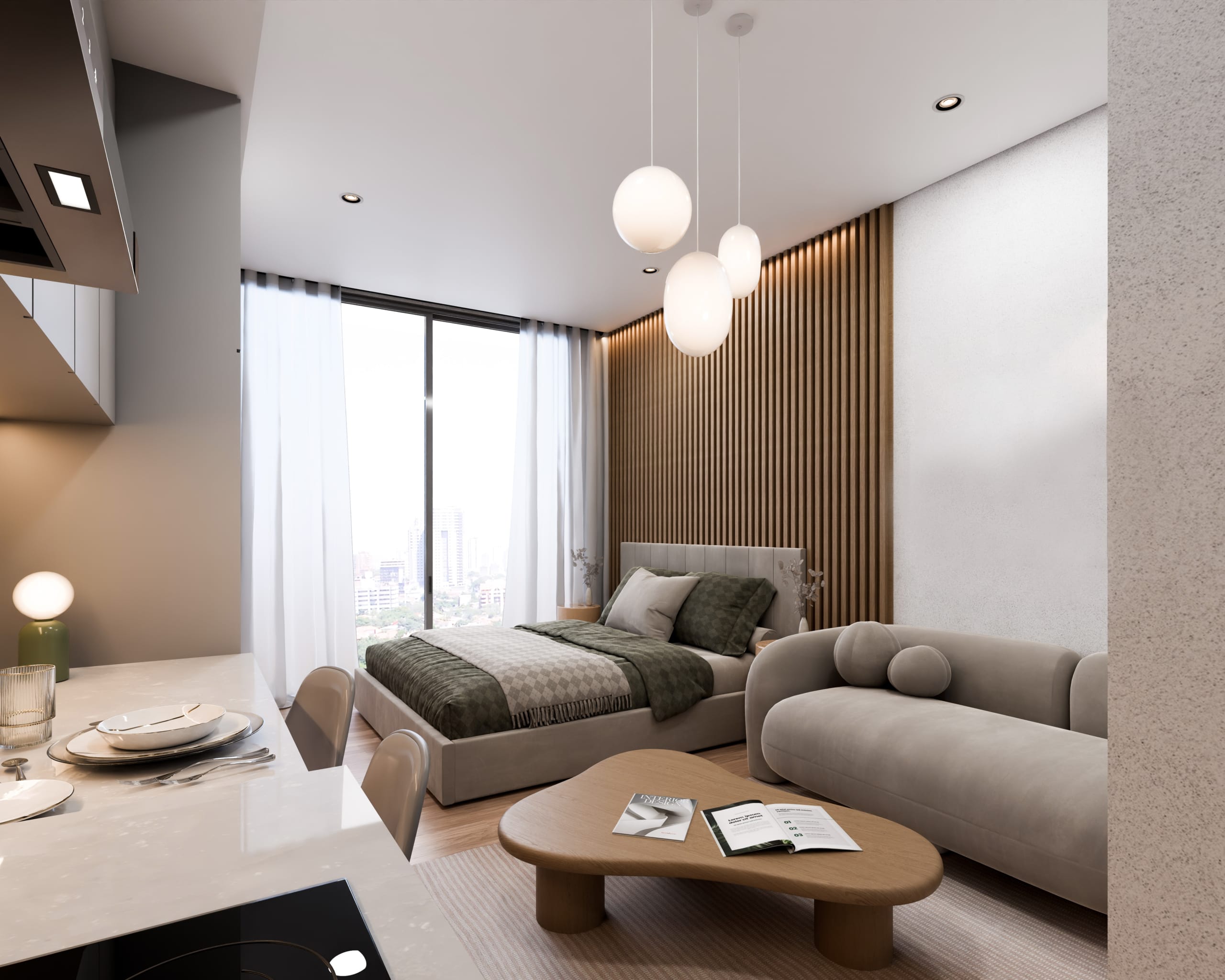 Studio moderne avec lit, salon, cuisine ouverte et baie vitrée dans le projet Narciso La Cuadrita à Asunción au Paraguay.