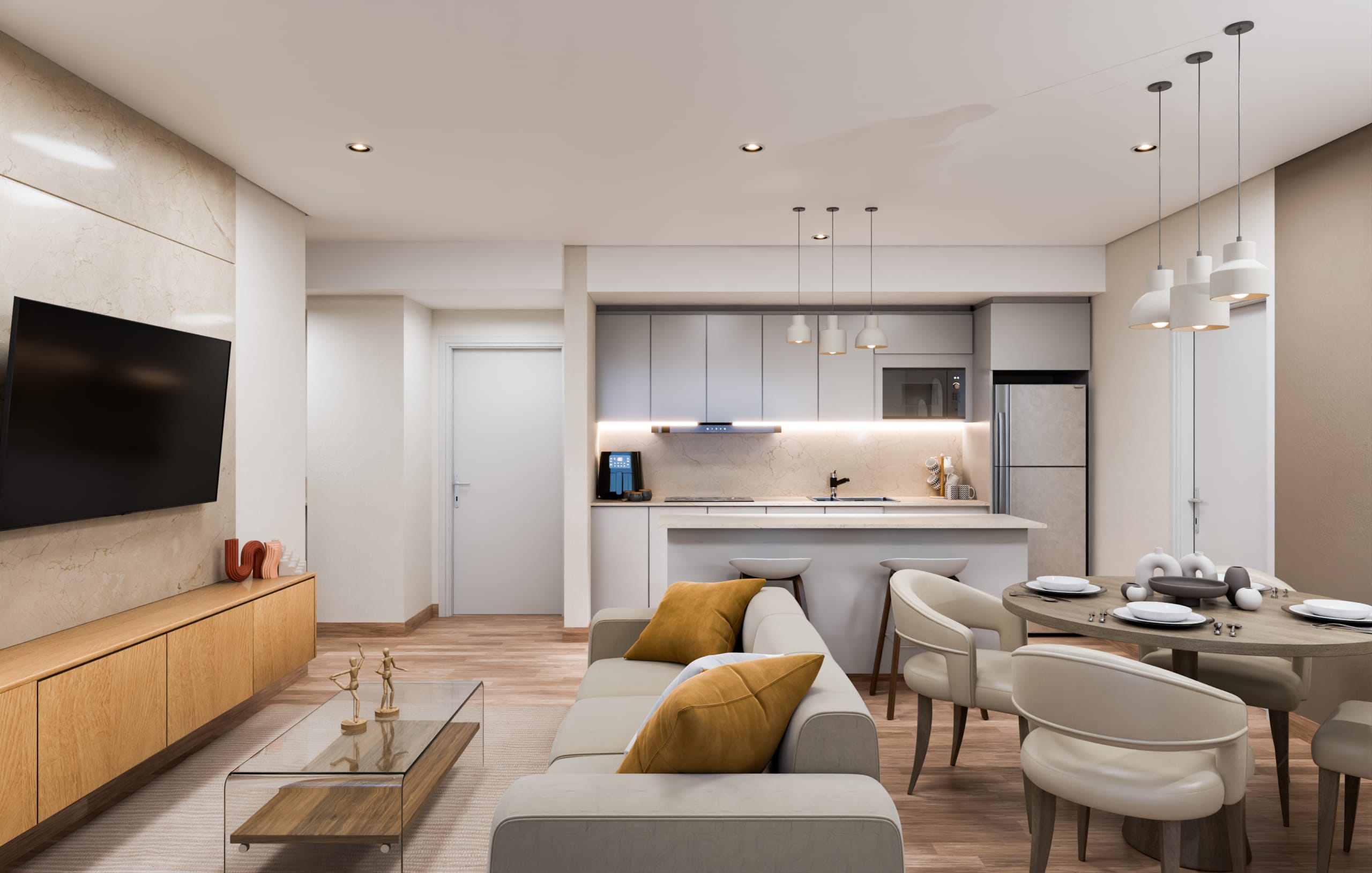 Salon lumineux avec salle à manger et cuisine ouverte dans un appartement Narciso La Cuadrita à Asunción au Paraguay.