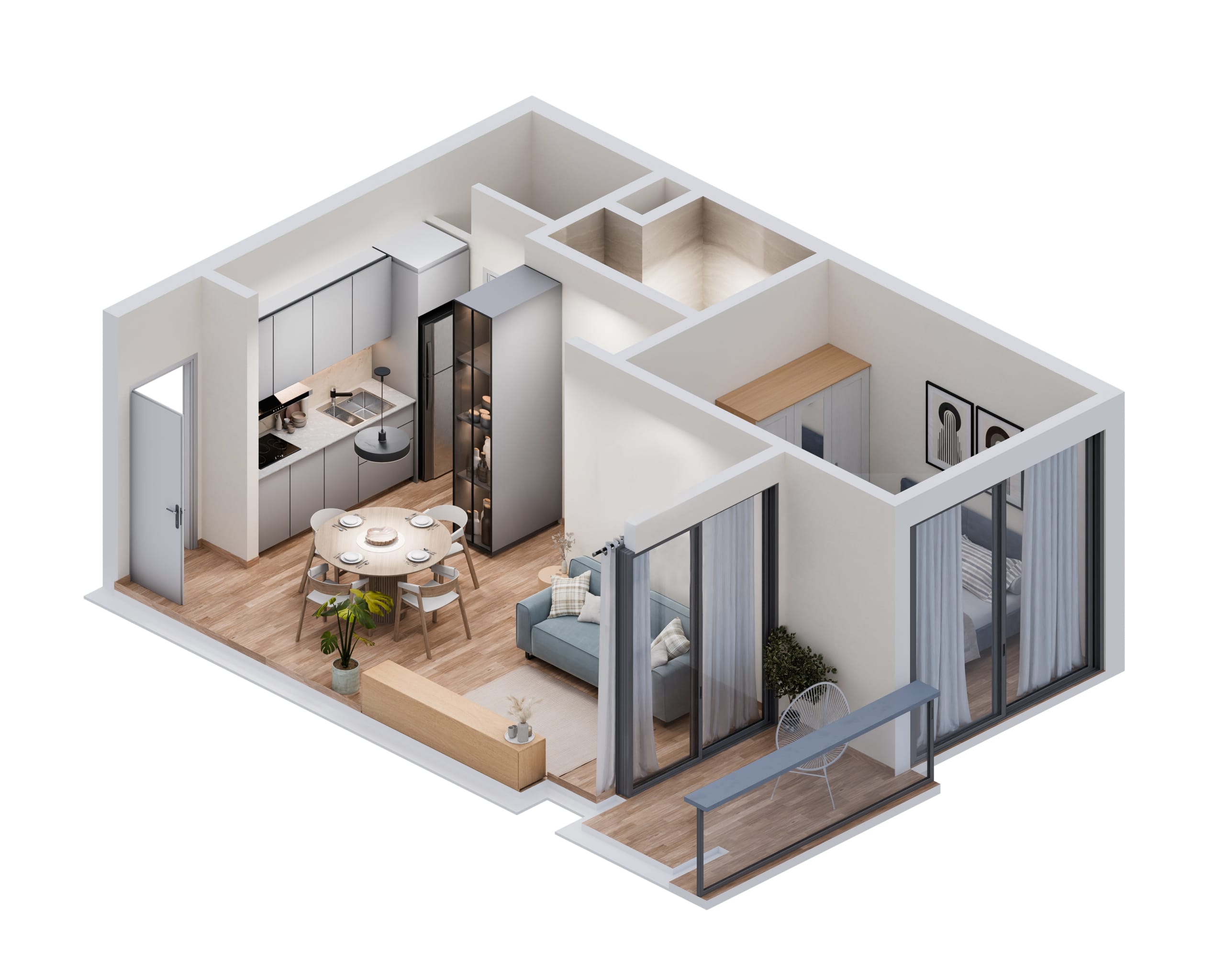 Plan 3D d’un appartement avec une chambre, cuisine ouverte, salon et balcon dans le projet Narciso La Cuadrita à Asunción au Paraguay.