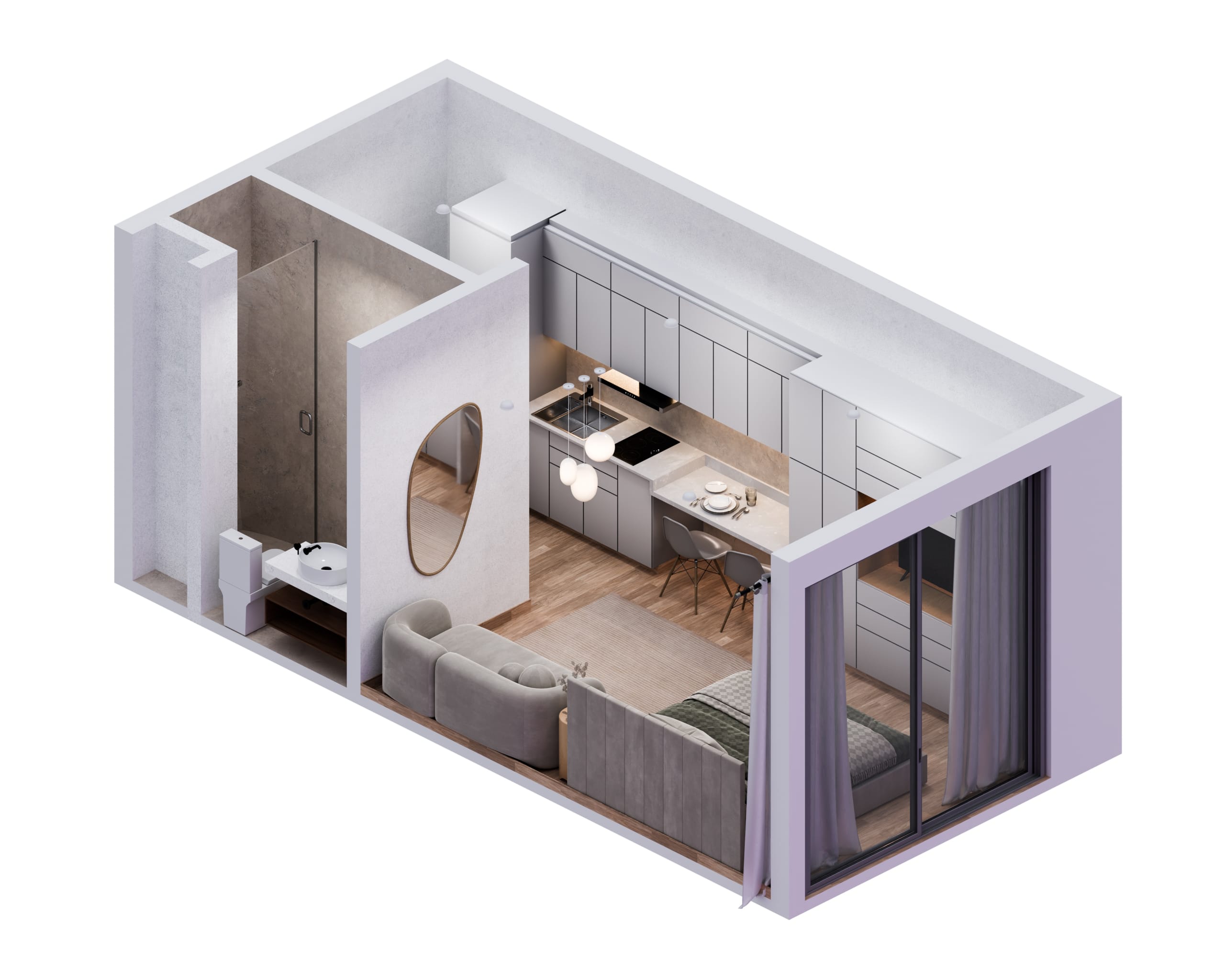Plan 3D d’un studio avec espace nuit, salon, cuisine ouverte et salle de bain dans le projet Narciso La Cuadrita à Asunción au Paraguay.