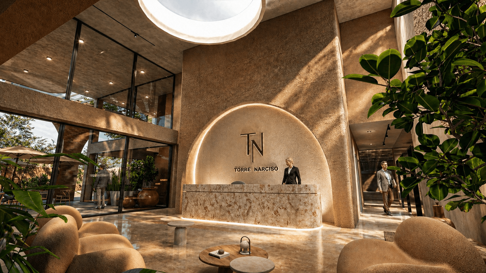 Hall d’entrée avec réception et espace lounge du projet Narciso La Cuadrita à Asunción au Paraguay.