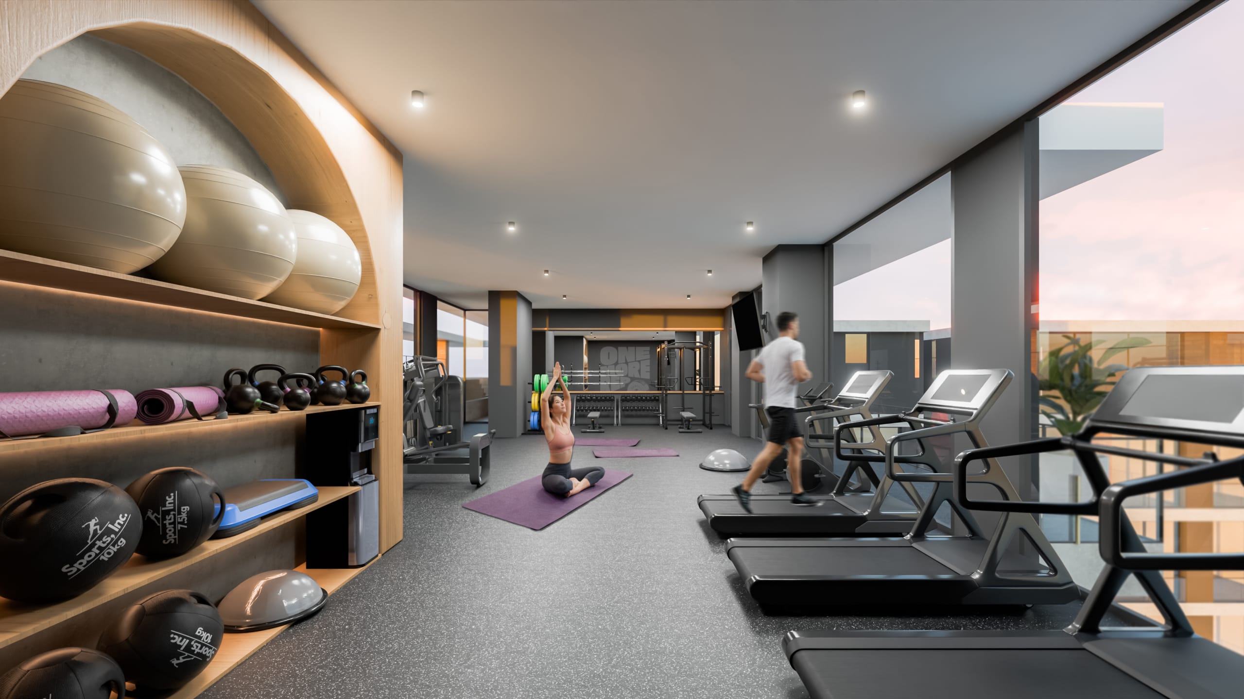Salle de sport équipée avec tapis de course et espace fitness dans la résidence Narciso La Cuadrita à Asunción au Paraguay.