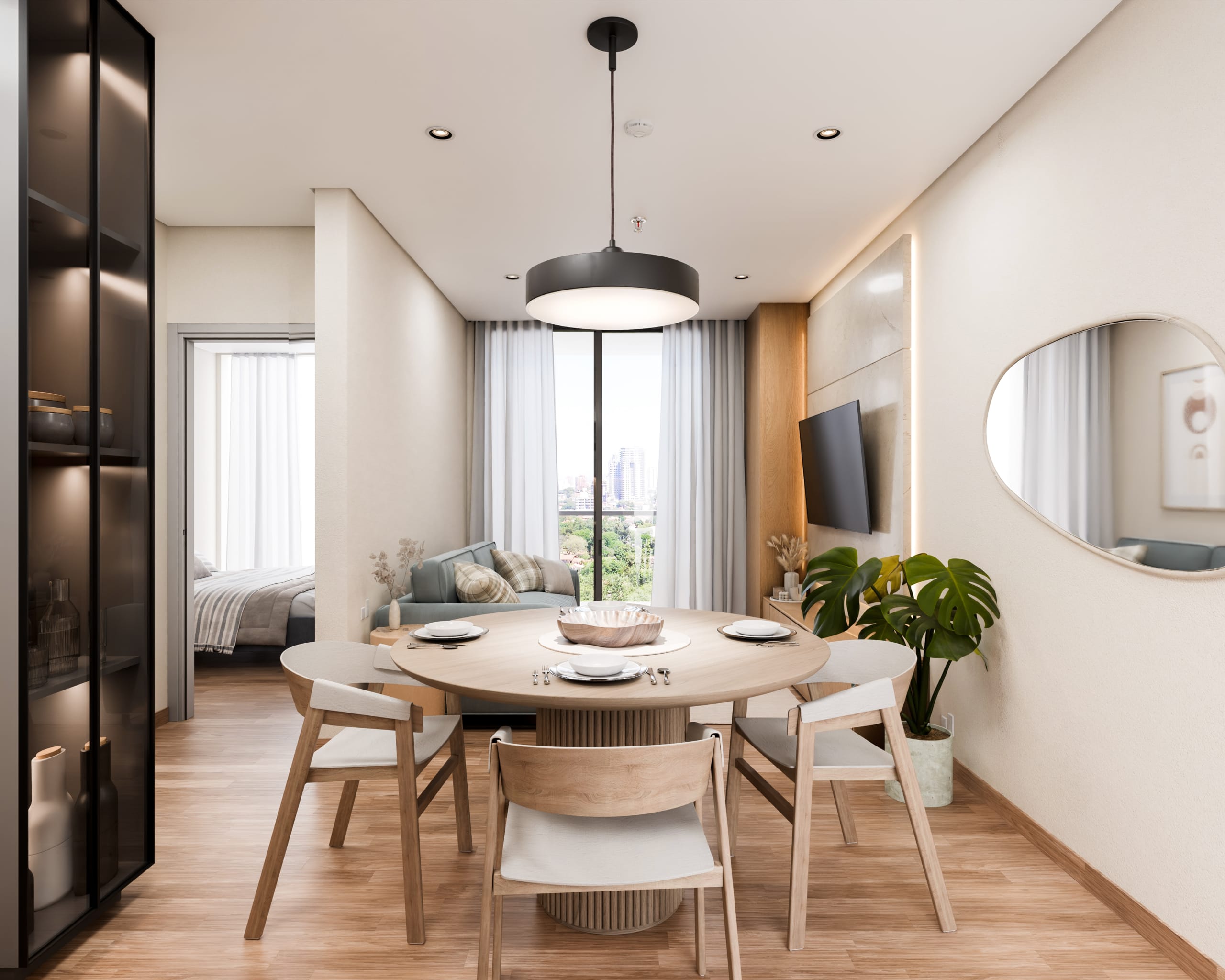 Salle à manger moderne avec salon ouvert dans un appartement Narciso La Cuadrita à Asunción au Paraguay.