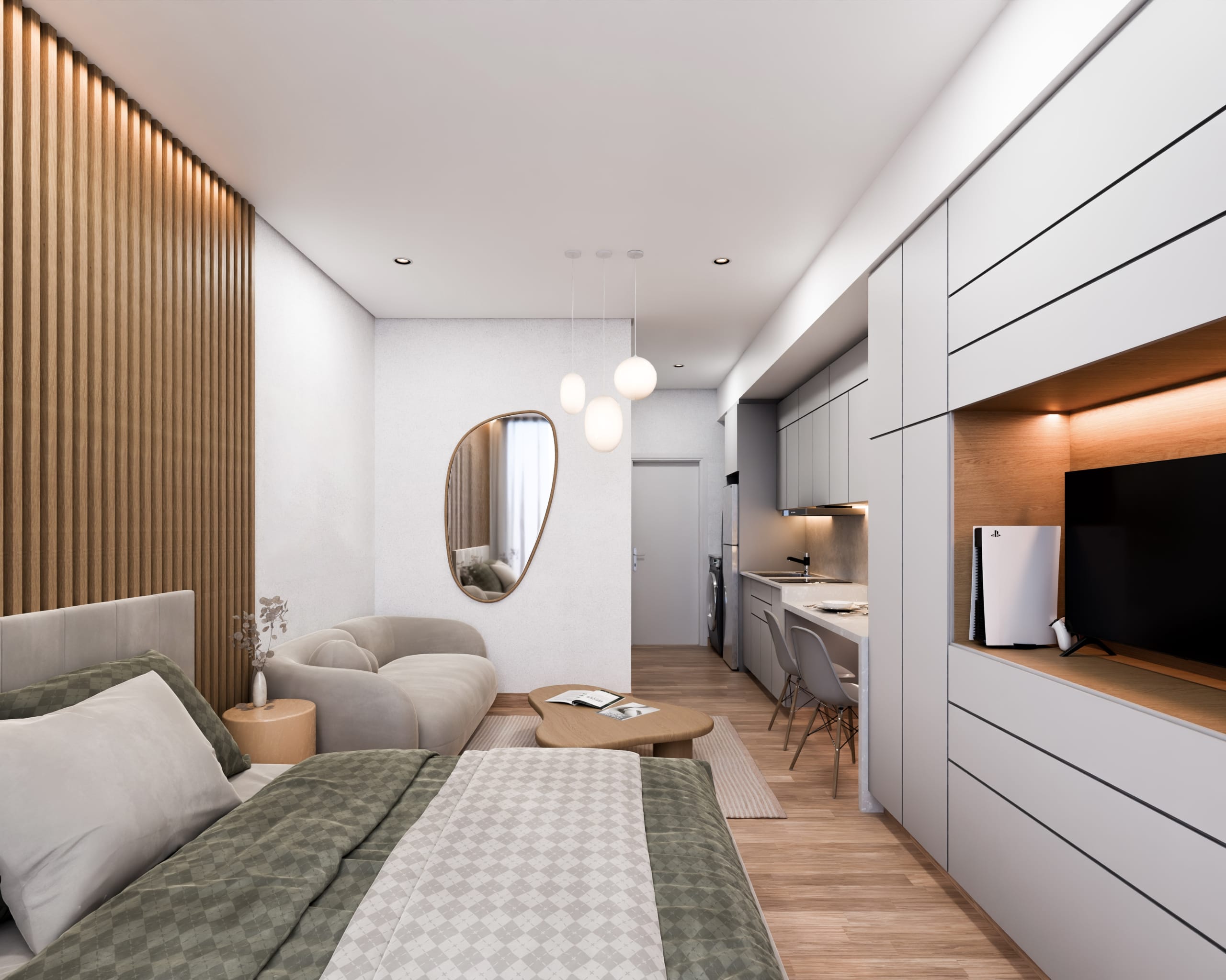 Studio moderne avec cuisine ouverte et espace nuit dans le projet Narciso La Cuadrita à Asunción au Paraguay.