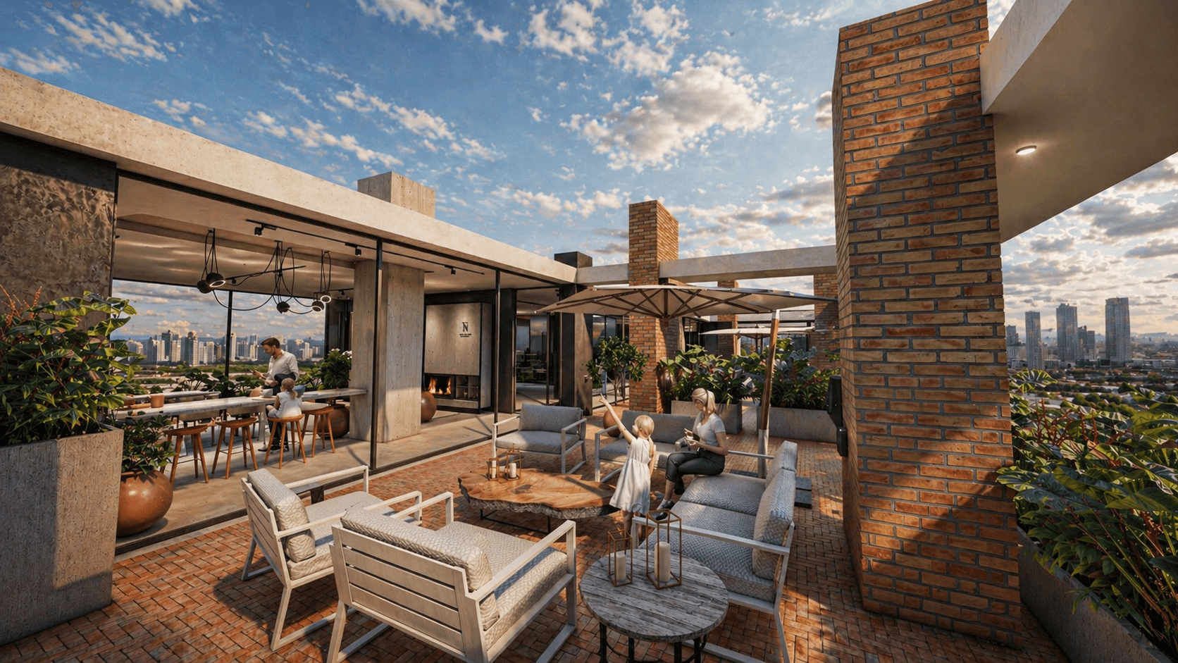 Terrasse rooftop avec salon extérieur et espace barbecue du projet Narciso La Cuadrita à Asunción au Paraguay.