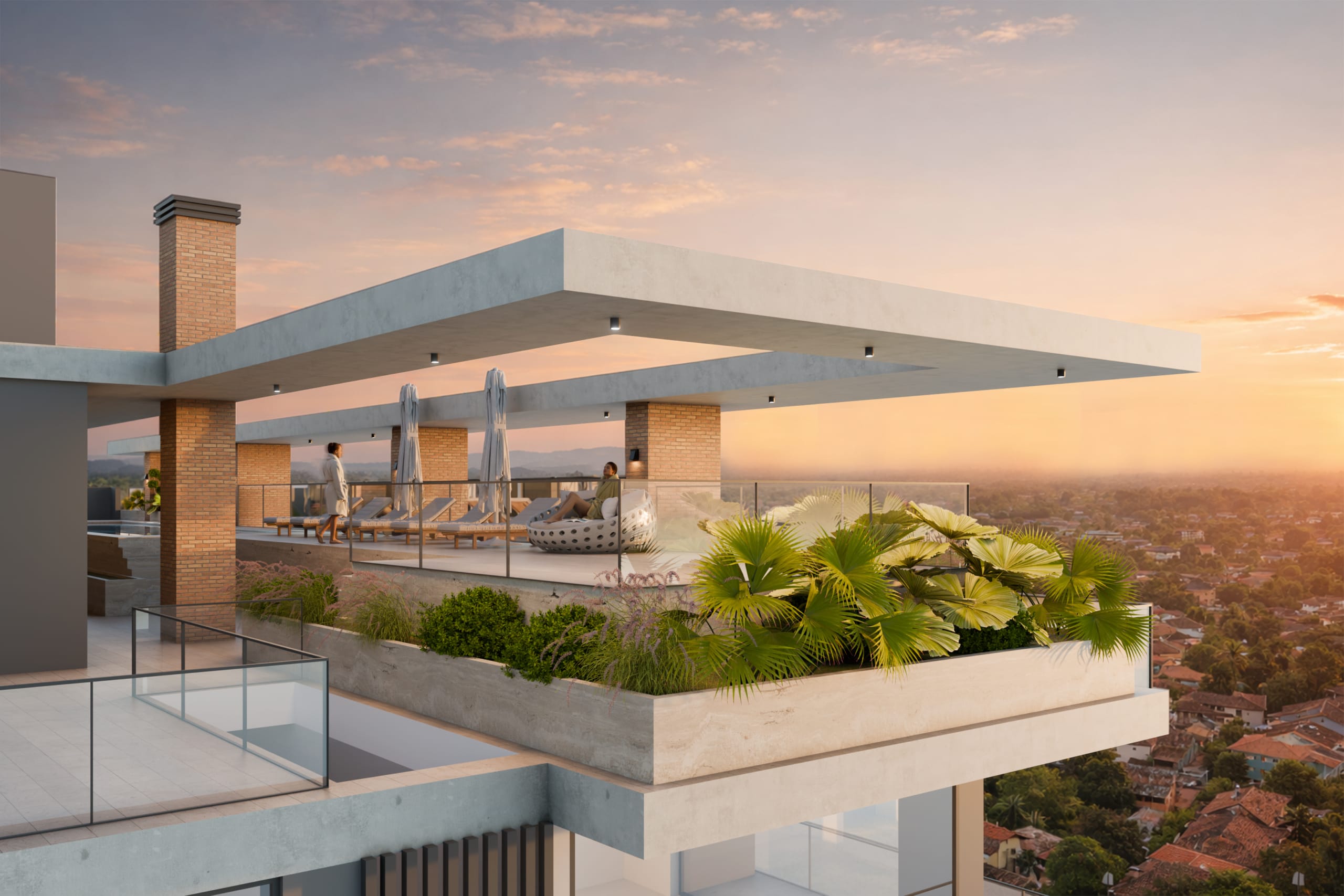 Rooftop avec terrasse, transats et vue panoramique du projet Narciso La Cuadrita à Asunción au Paraguay.