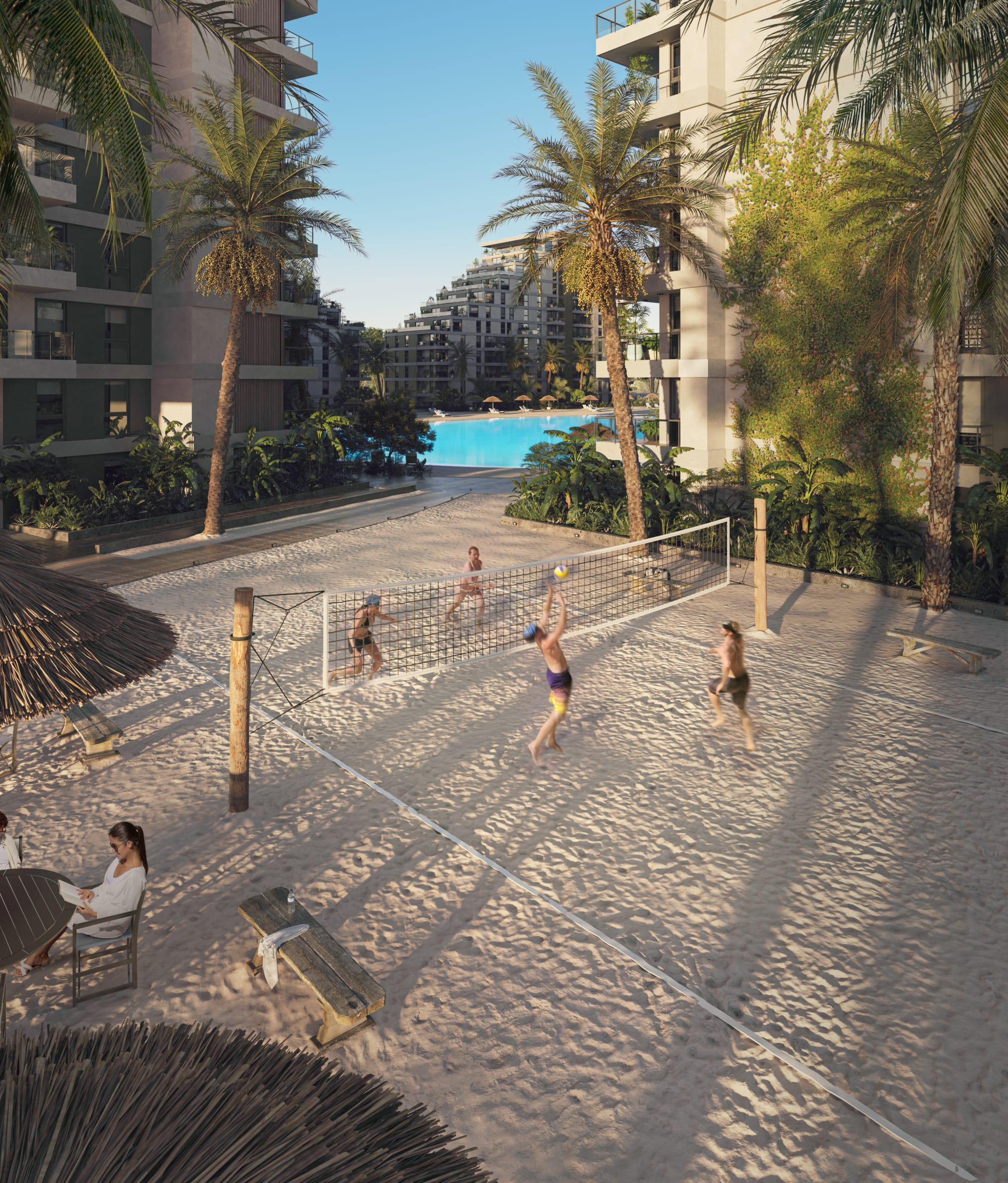 Terrain de beach-volley entouré de palmiers et d’espaces paysagers dans le projet Marena à Luque, près d’Asunción, au Paraguay.