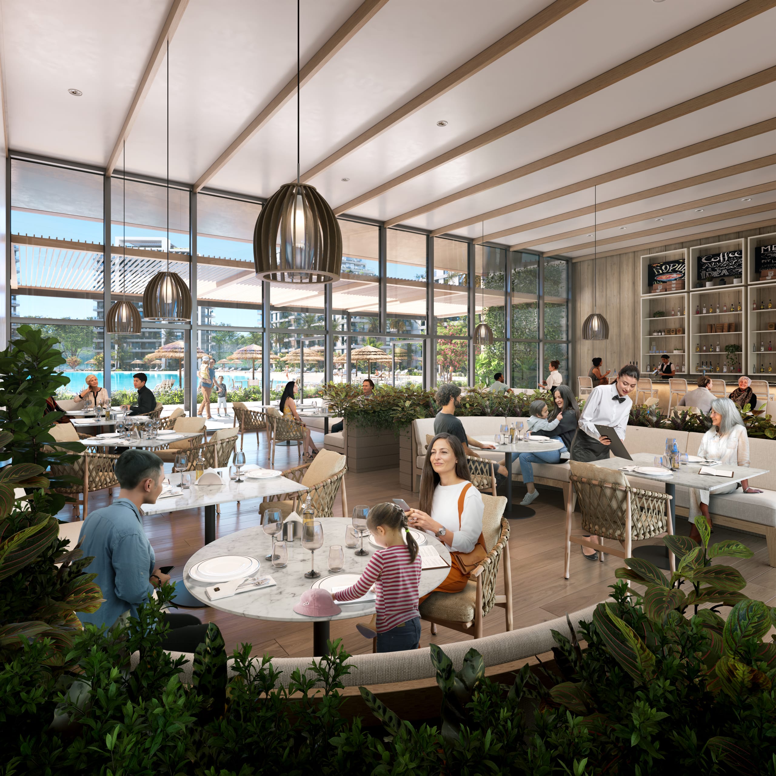 Restaurant moderne et lumineux avec grandes baies vitrées dans le projet immobilier Marena à Luque, près d’Asunción, au Paraguay.