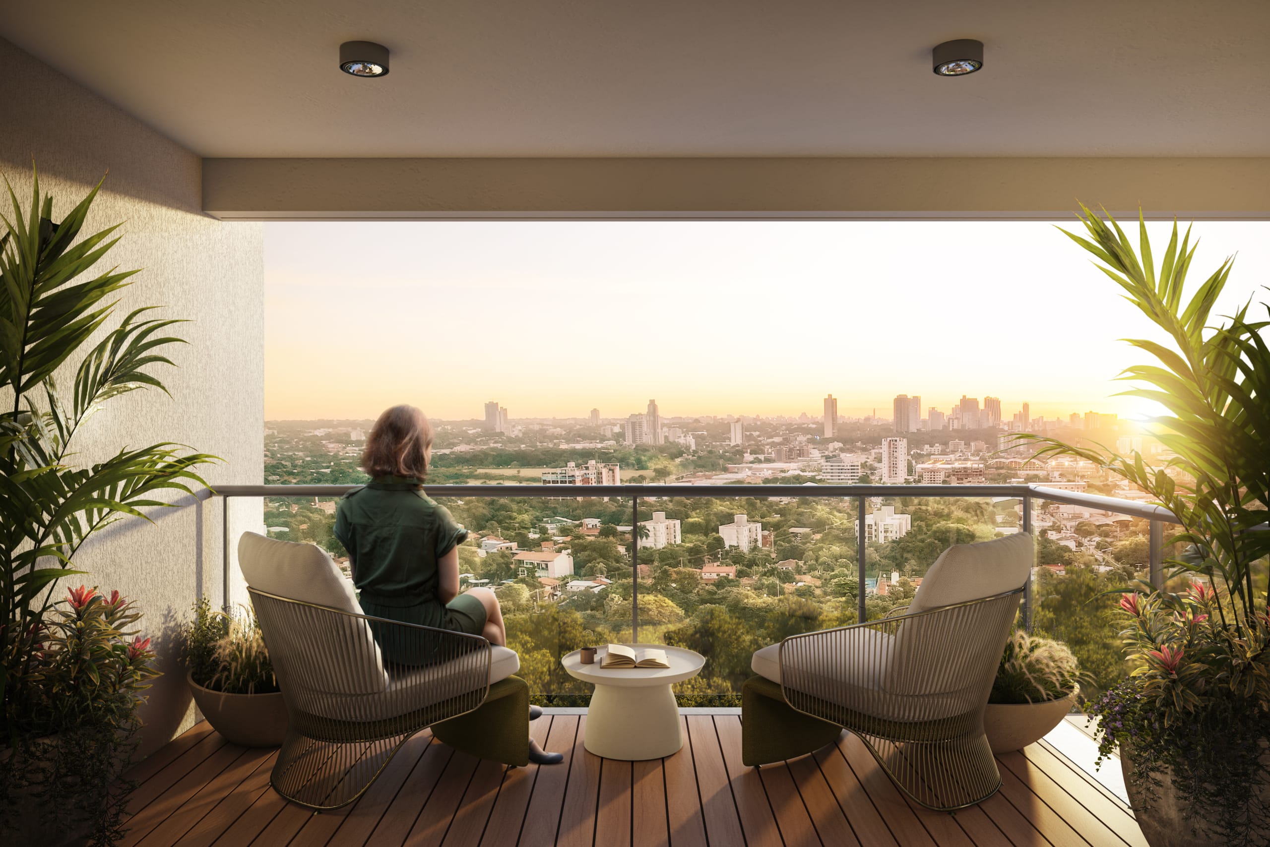 Rooftop aménagé avec espace lounge et vue panoramique sur Asunción depuis le projet immobilier Marena à Luque, au Paraguay.