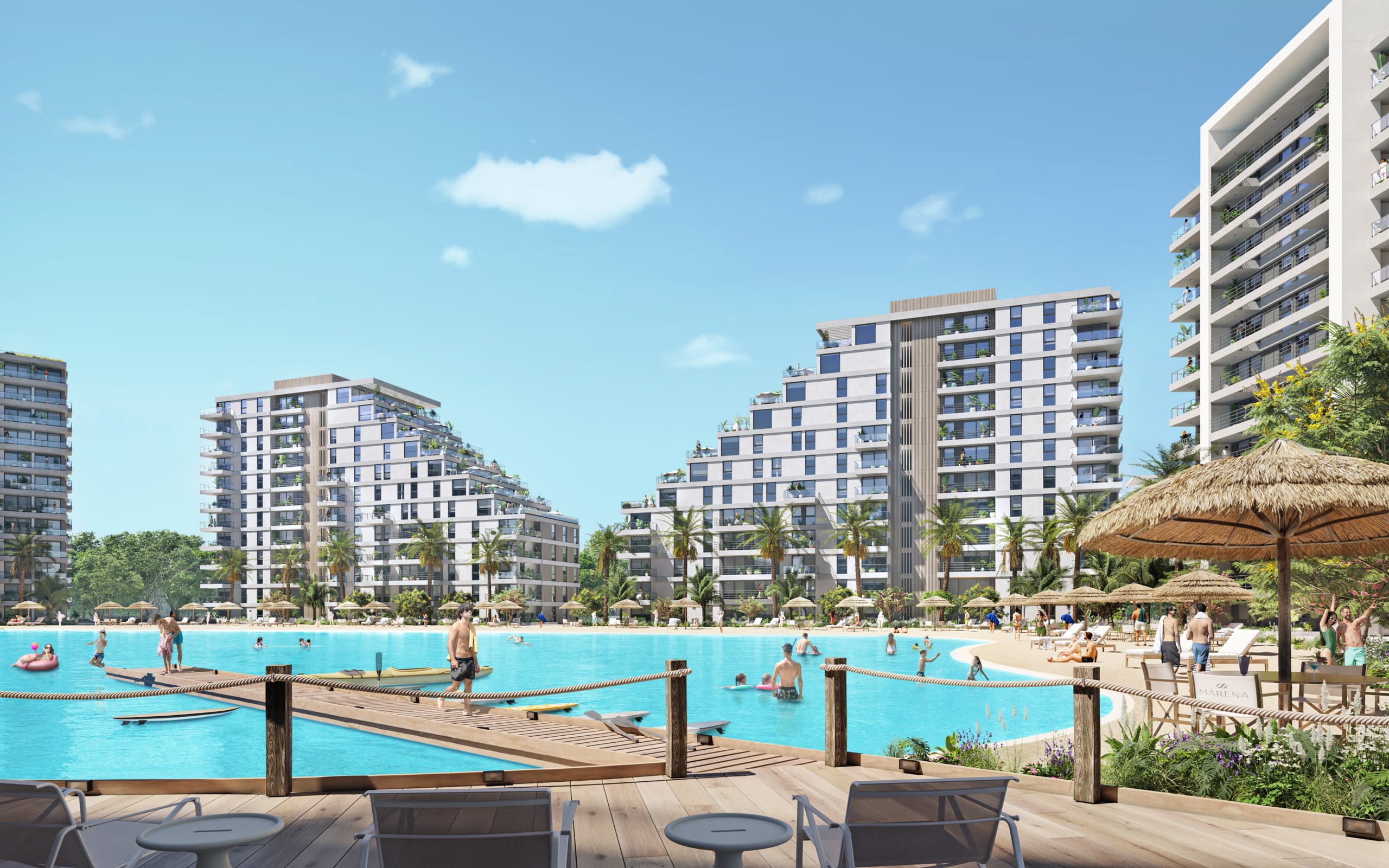 Plage aménagée au bord du lagon artificiel du projet immobilier Marena à Luque, près d’Asunción, au Paraguay.