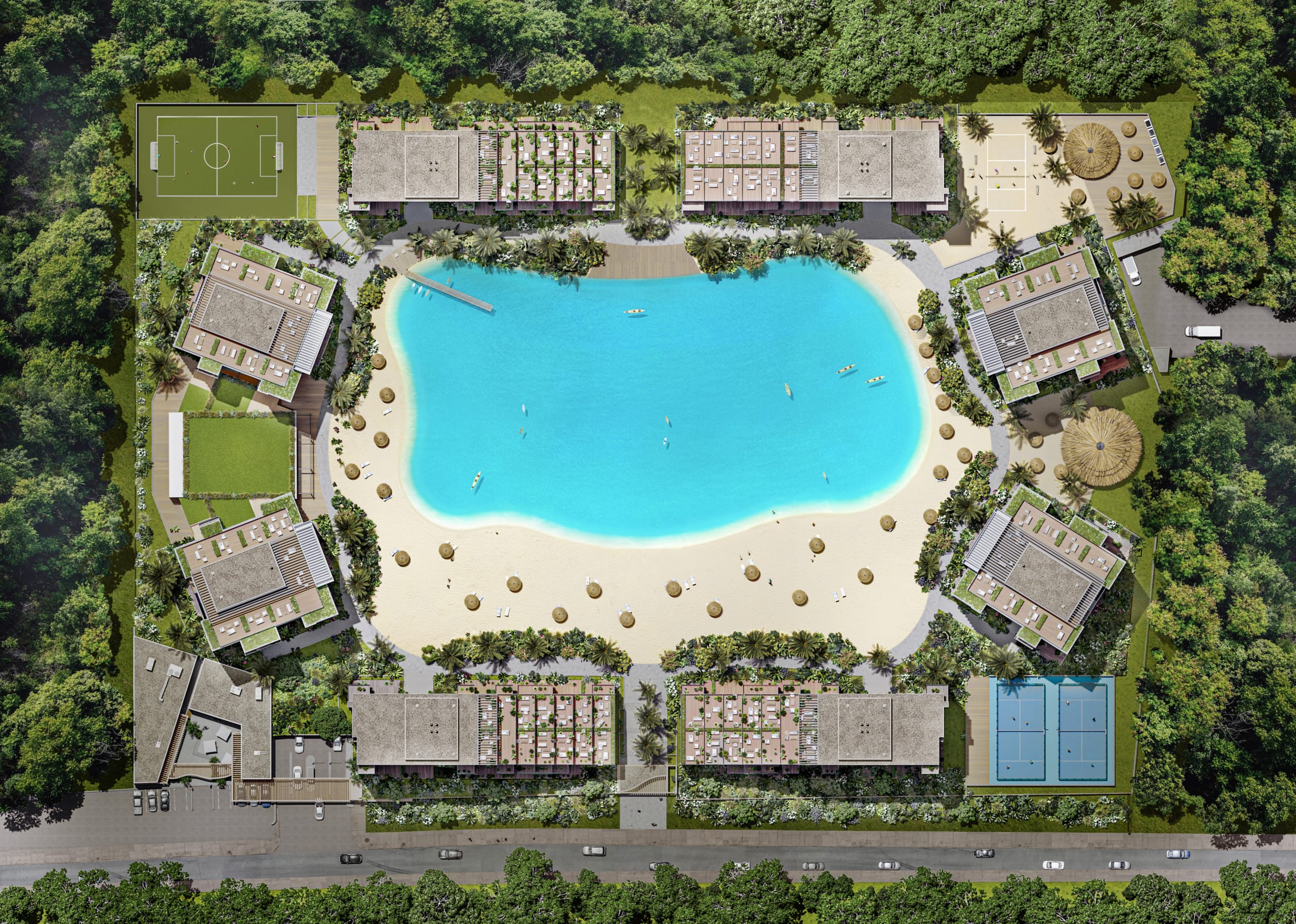 Vue aérienne du projet immobilier Marena avec lagon central, résidences et espaces paysagers à Luque, près d’Asunción, au Paraguay.