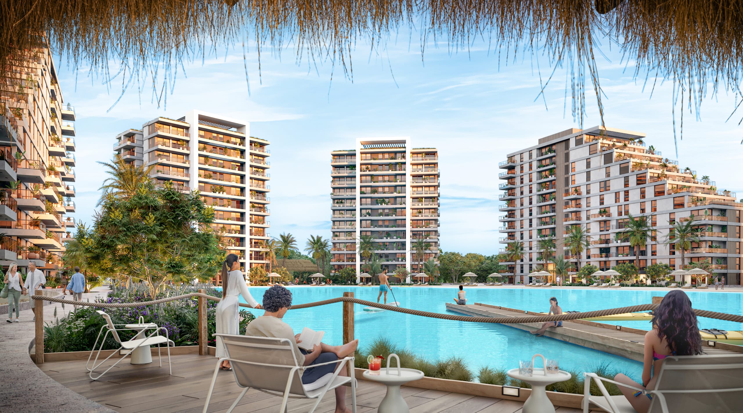 Vue sur le lagon artificiel et les résidences modernes du projet immobilier Marena près d’Asunción, au Paraguay.