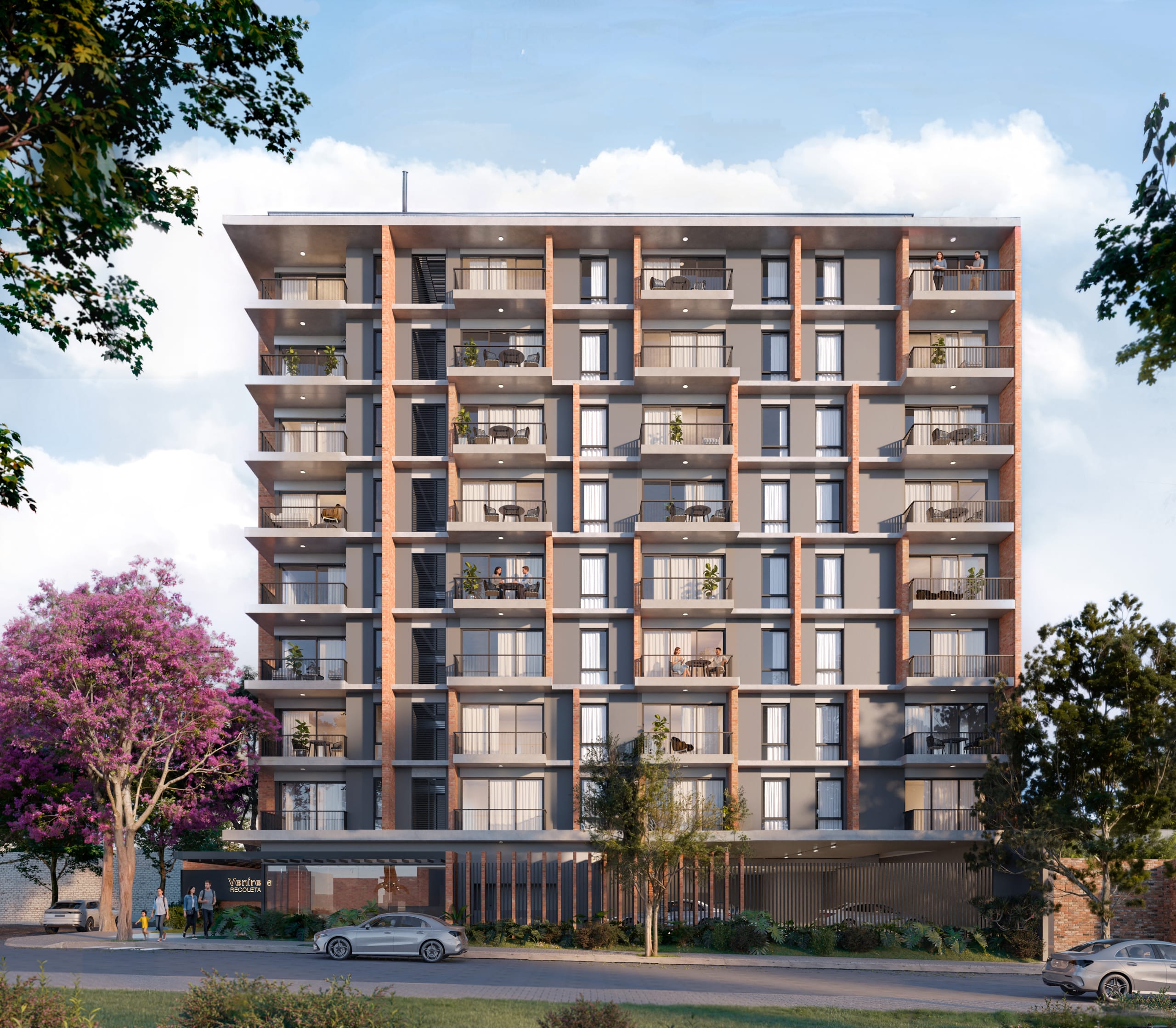 Vue extérieure de la façade moderne du projet Venire 568 à Villa Morra, Asunción, Paraguay.