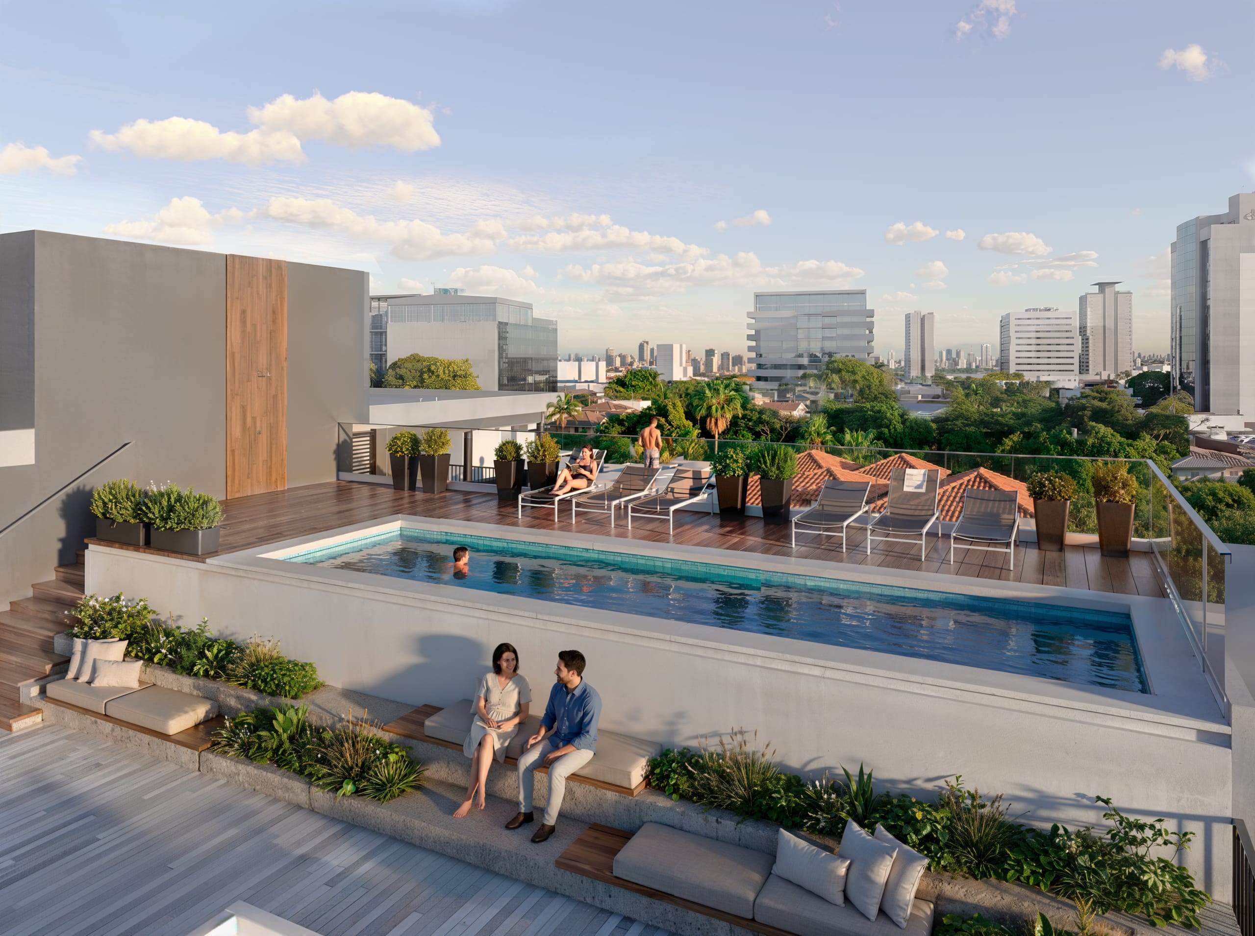 Présentation de l’espace piscine du projet Venire 568 lors d’une visite immobilière à Villa Morra, Asunción.