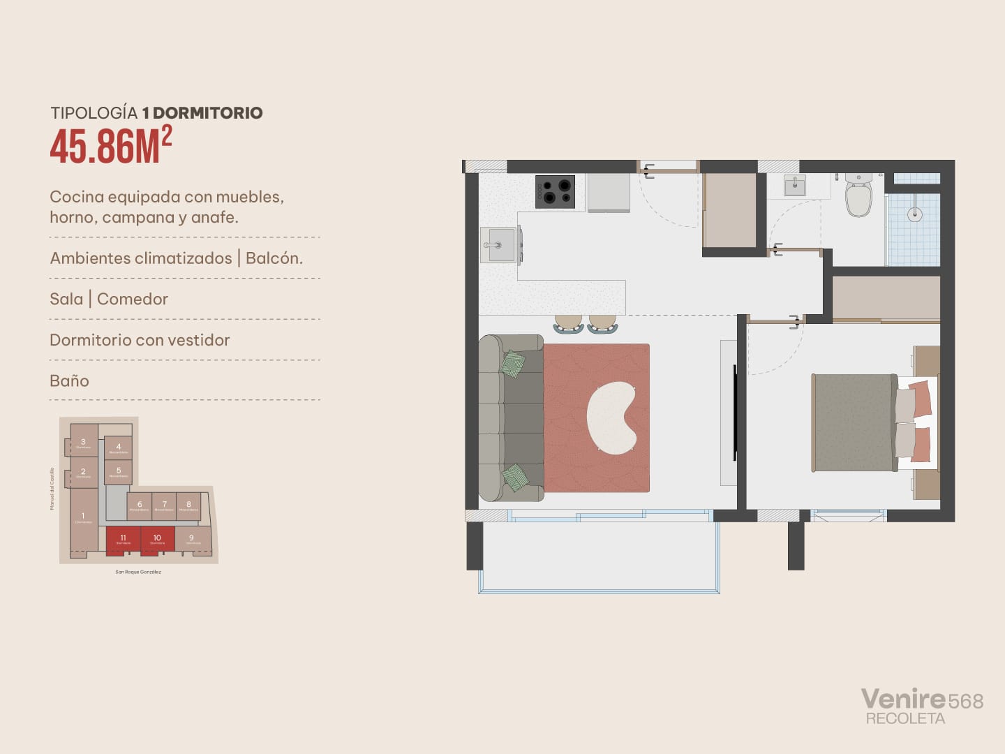 Plan d’un appartement d’une chambre de 45,86 m² dans le projet Venire 568 à Villa Morra, Asunción, Paraguay.