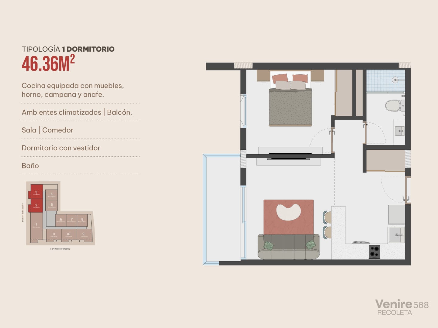 Plan d’un appartement moderne d’une chambre de 46,36 m² dans le projet Venire 568 à Asunción, au Paraguay.