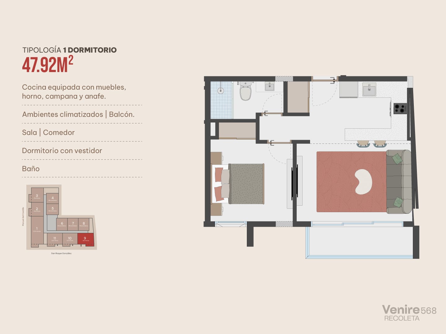 Plan d’un appartement d’une chambre de 47,92 m² dans la résidence Venire 568 à Villa Morra, Asunción.