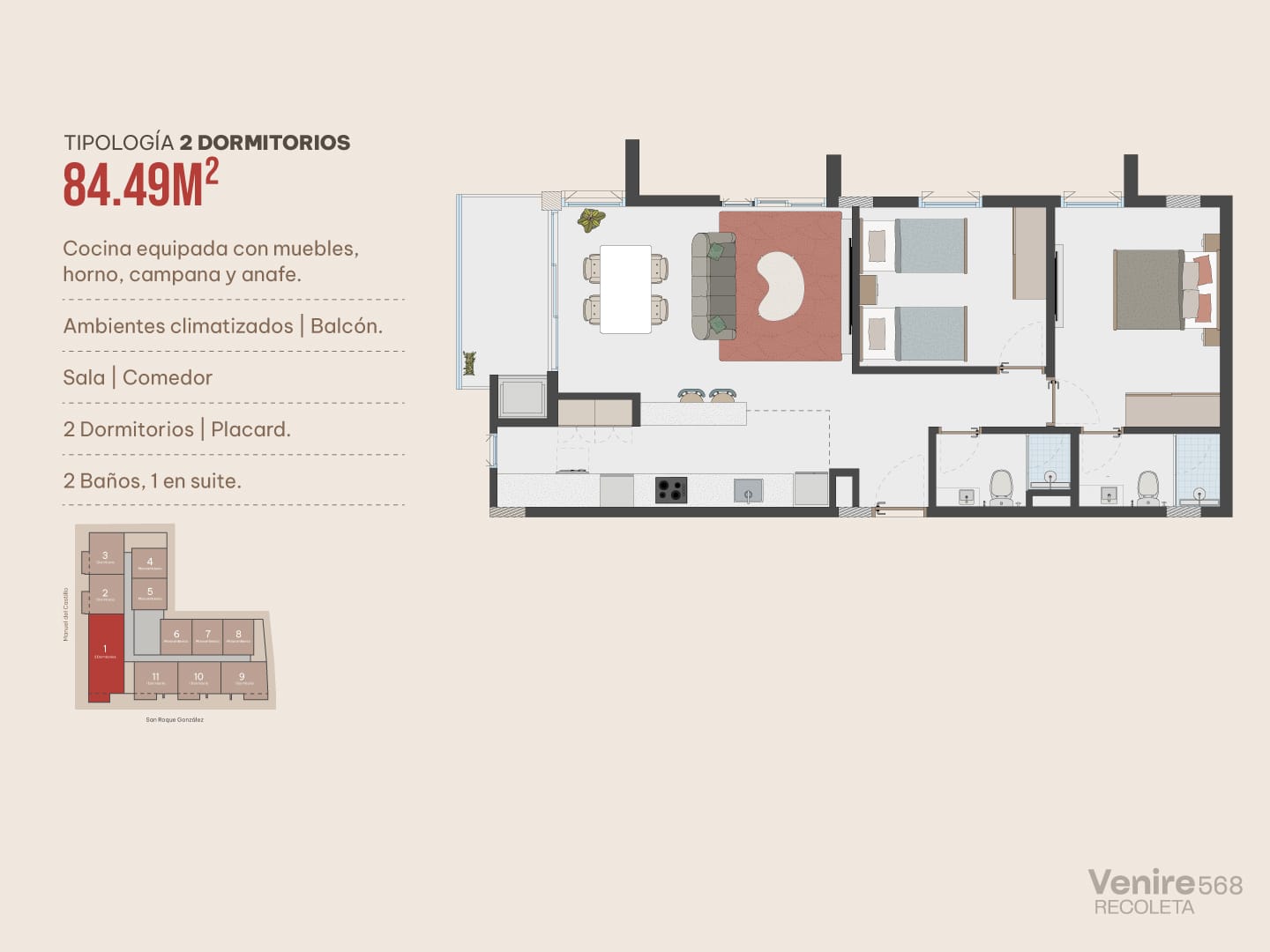 Plan d’un appartement de deux chambres de 84,49 m² dans le projet Venire 568 à Villa Morra, Asunción