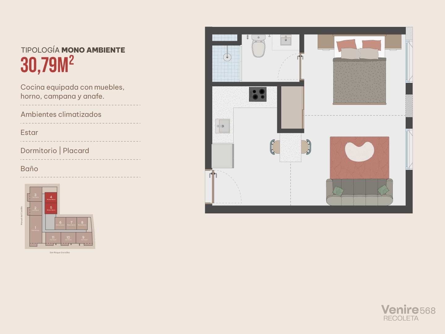 Plan d’un studio moderne de 30,79 m² dans le projet Venire 568 à Villa Morra, Asunción.