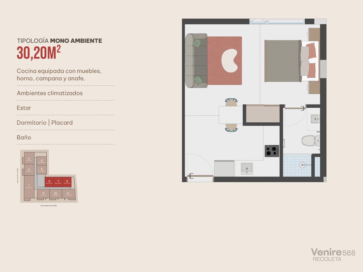 Plan d’un studio de 30,20 m² dans le projet immobilier Venire 568 à Asunción, au Paraguay.