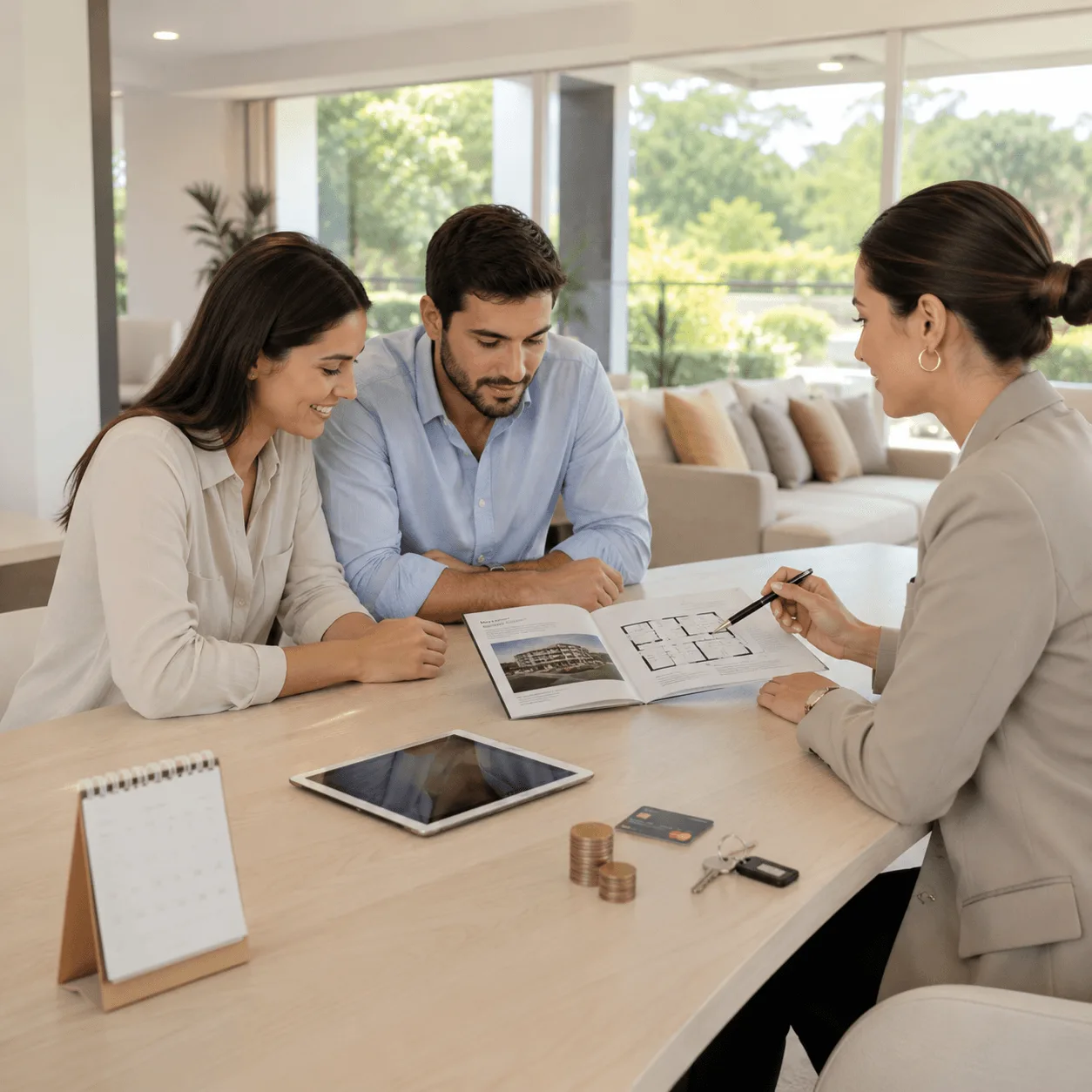 A couple accompanied by a financial advisor during the presentation of a mortgage payment plan in Asunción, Paraguay.