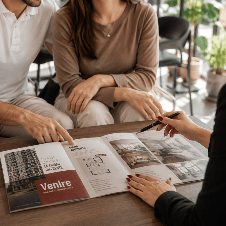 Conseillère immobilière présentant la brochure du projet Venire 568 à des investisseurs à Asunción, au Paraguay.