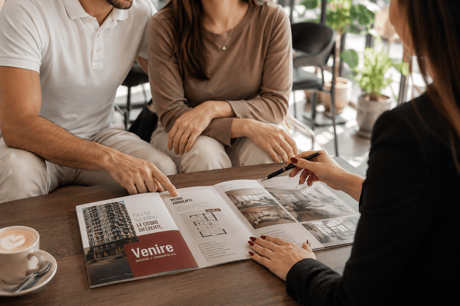 Conseillère immobilière présentant la brochure du projet Venire 568 à des investisseurs à Asunción, au Paraguay.