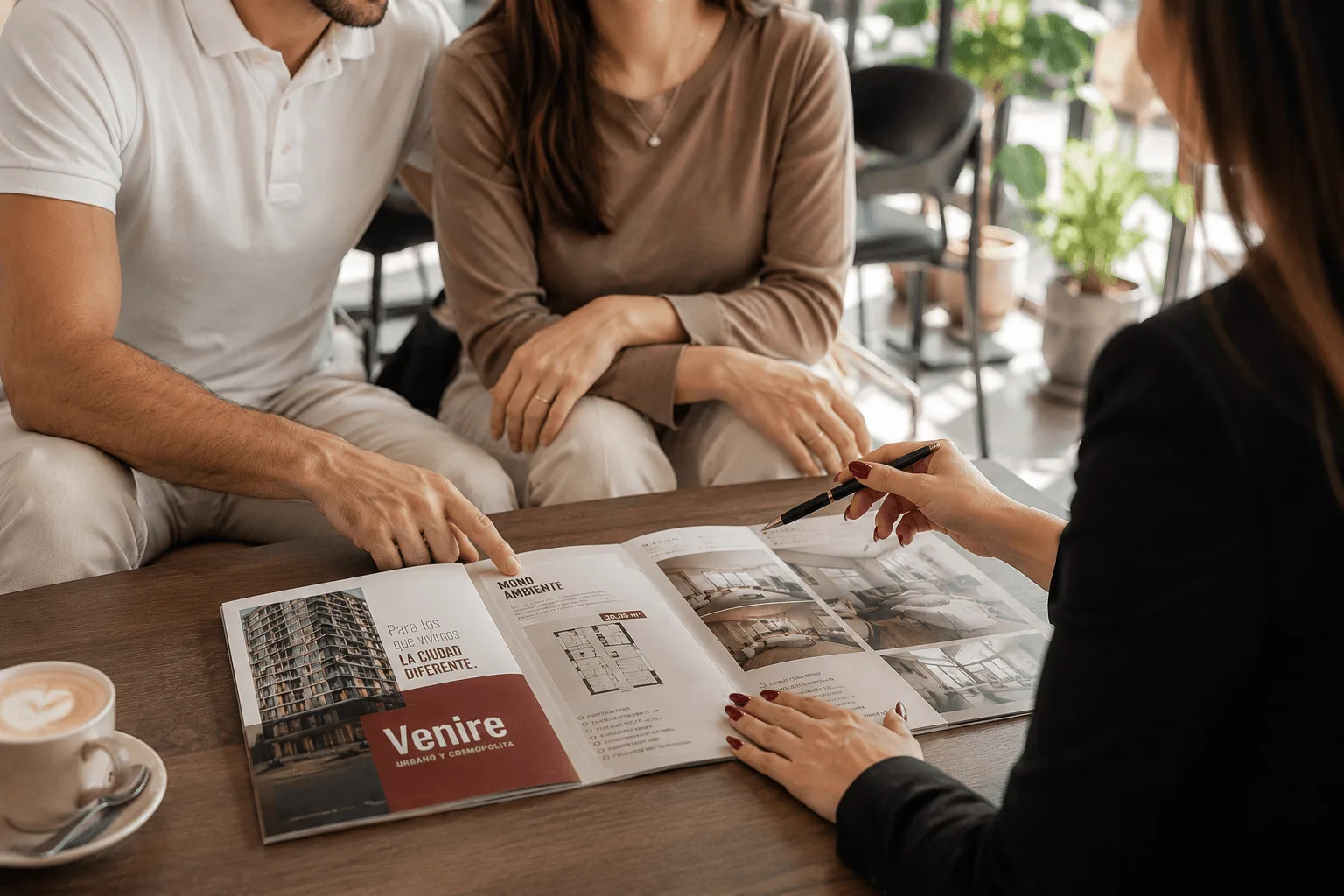 A real estate agent presenting the Venire 568 project brochure to investors in Asunción, Paraguay.