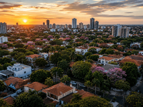 Panorama d’Asunción, au Paraguay, entre quartiers résidentiels verdoyants, maisons traditionnelles et immeubles modernes, sous la lumière dorée du coucher du soleil.