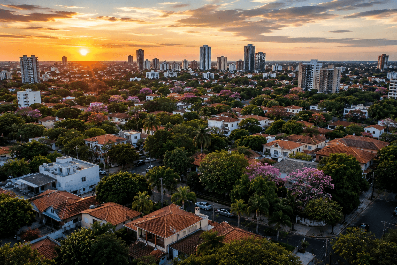 Panorama d’Asunción, au Paraguay, entre quartiers résidentiels verdoyants, maisons traditionnelles et immeubles modernes, sous la lumière dorée du coucher du soleil.
