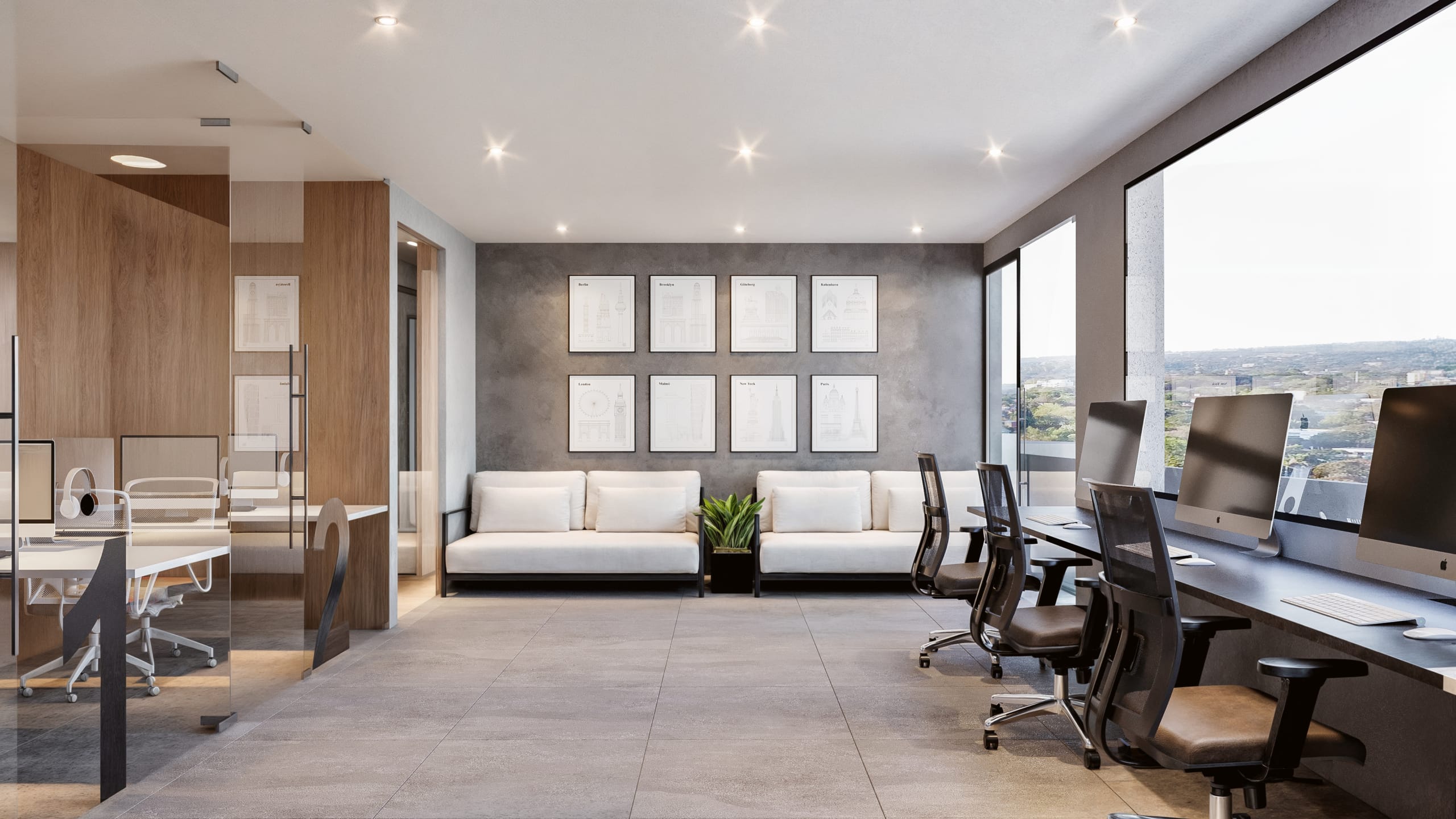 Espace de coworking moderne avec ordinateurs, bureaux partagés et grandes baies vitrées à Asunción, Paraguay.