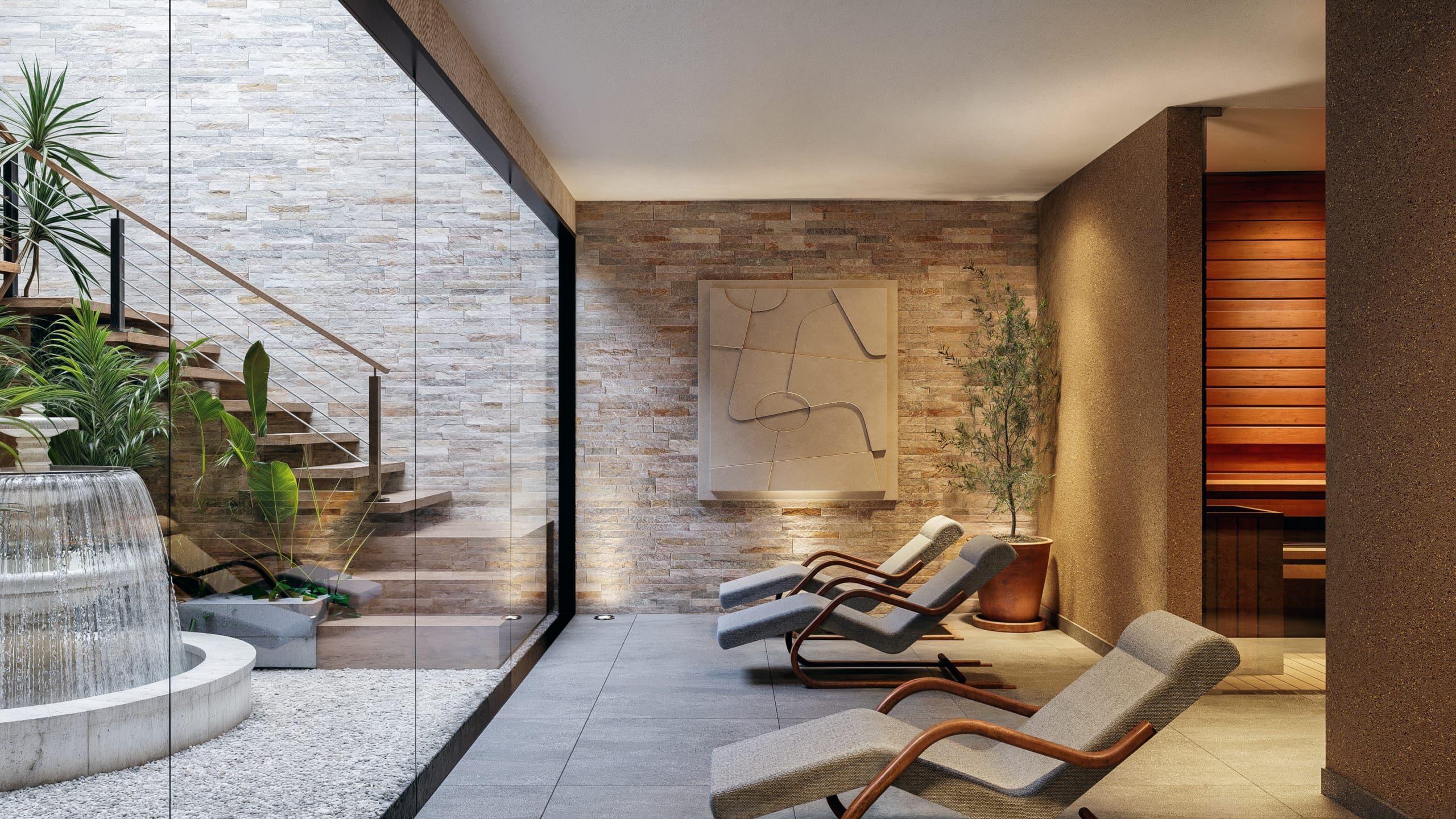 Espace bien-être avec sauna, fauteuils de relaxation, végétation intérieure et fontaine à Asunción, Paraguay.