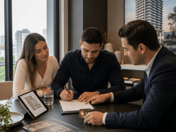 Couple signant un formulaire de réservation pour une unité immobilière neuve à Asunción, au Paraguay.