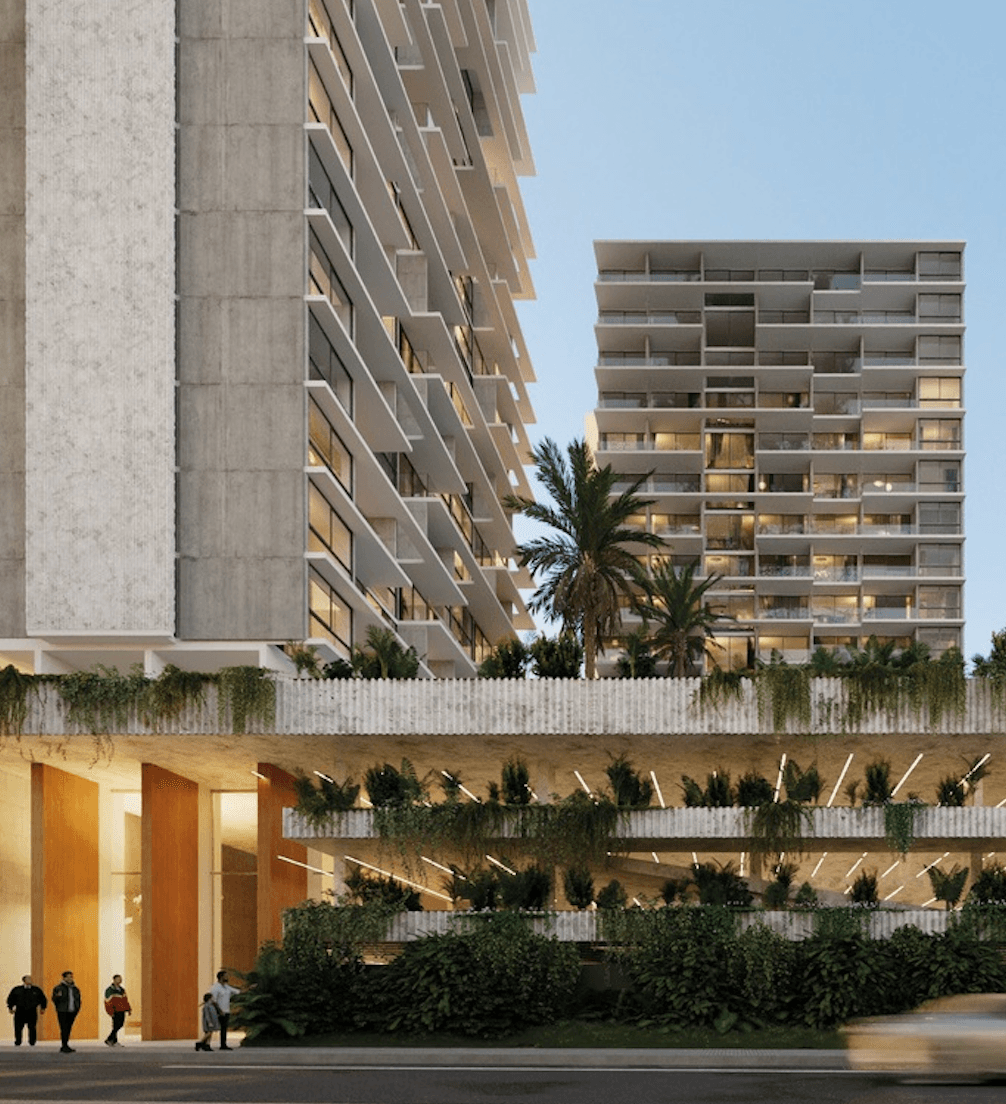 Détail des balcons et des terrasses plantées des tours de Veralta Mariscal, à Asunción, Paraguay.