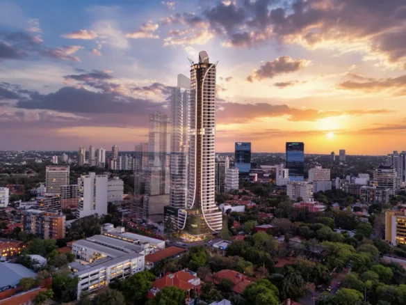 The 50-story Aether by Civis residential tower overlooking the Las Lomas neighborhood at sunset in Asunción, Paraguay.