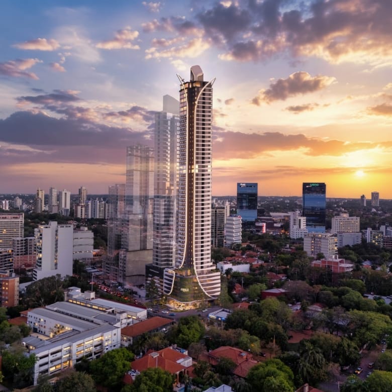 Tour résidentielle Aether by Civis de 50 étages dominant le quartier de Las Lomas au coucher du soleil, à Asunción, Paraguay.