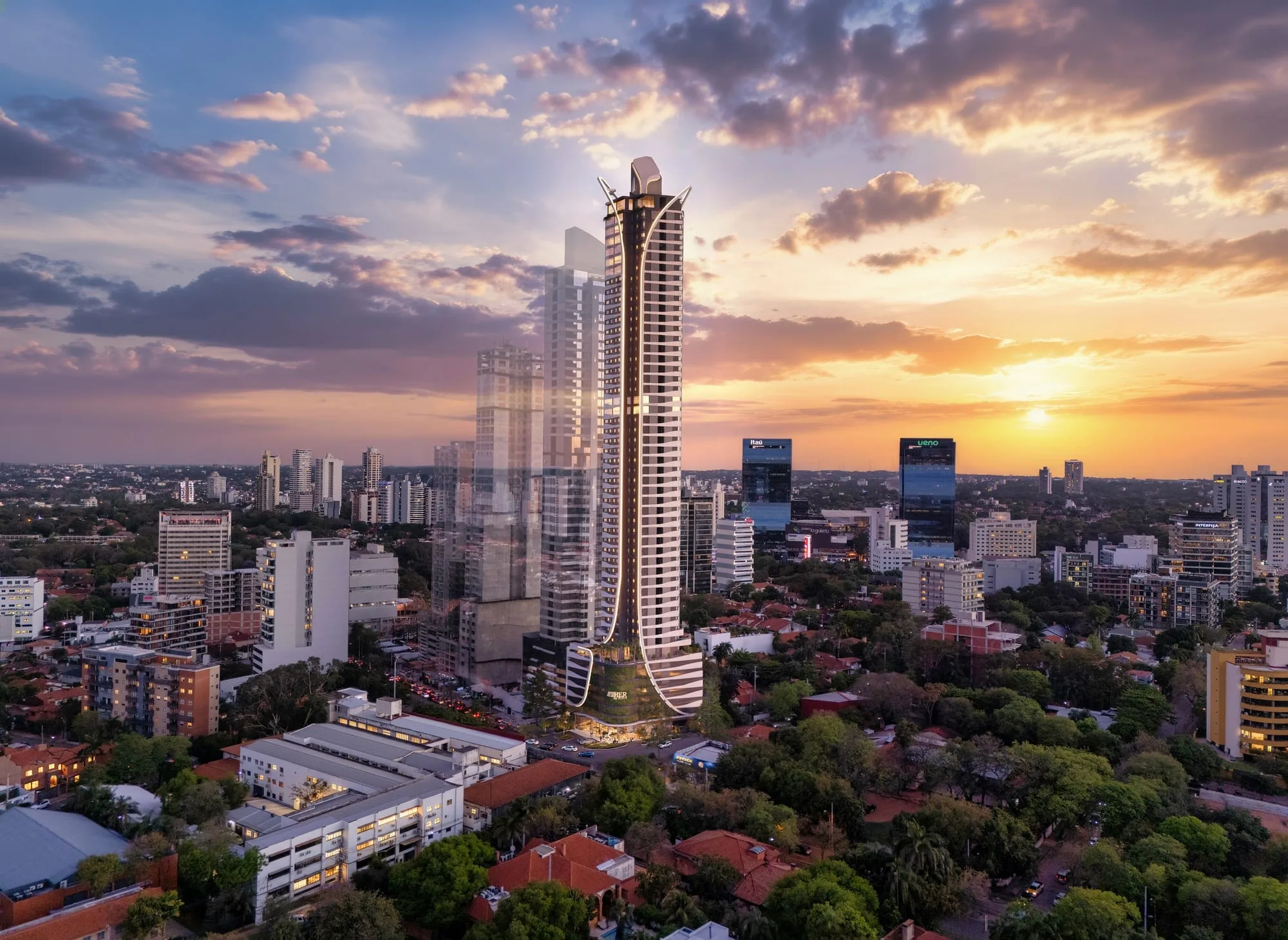 Tour résidentielle Aether by Civis de 50 étages dominant le quartier de Las Lomas au coucher du soleil, à Asunción, Paraguay.
