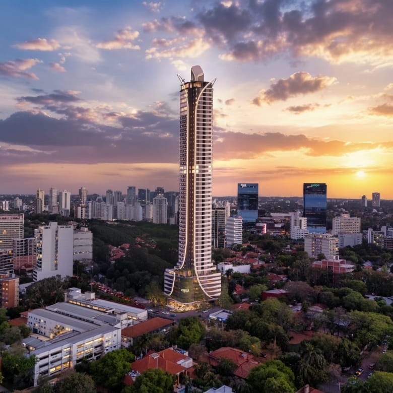 Vue aérienne de la tour Aether by Civis et du quartier de Las Lomas au coucher du soleil, à Asunción, Paraguay.