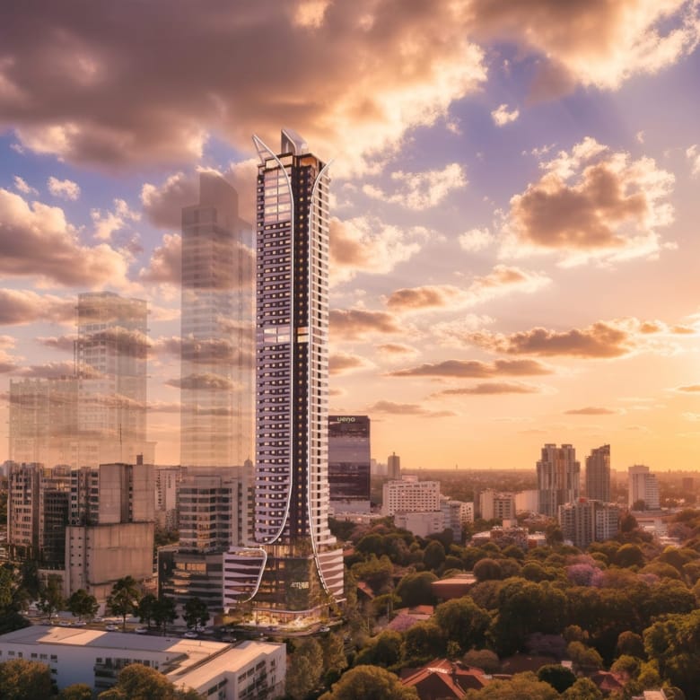 Tour Aether by Civis vue depuis les toits d’Asunción sous un ciel de fin de journée, au Paraguay.