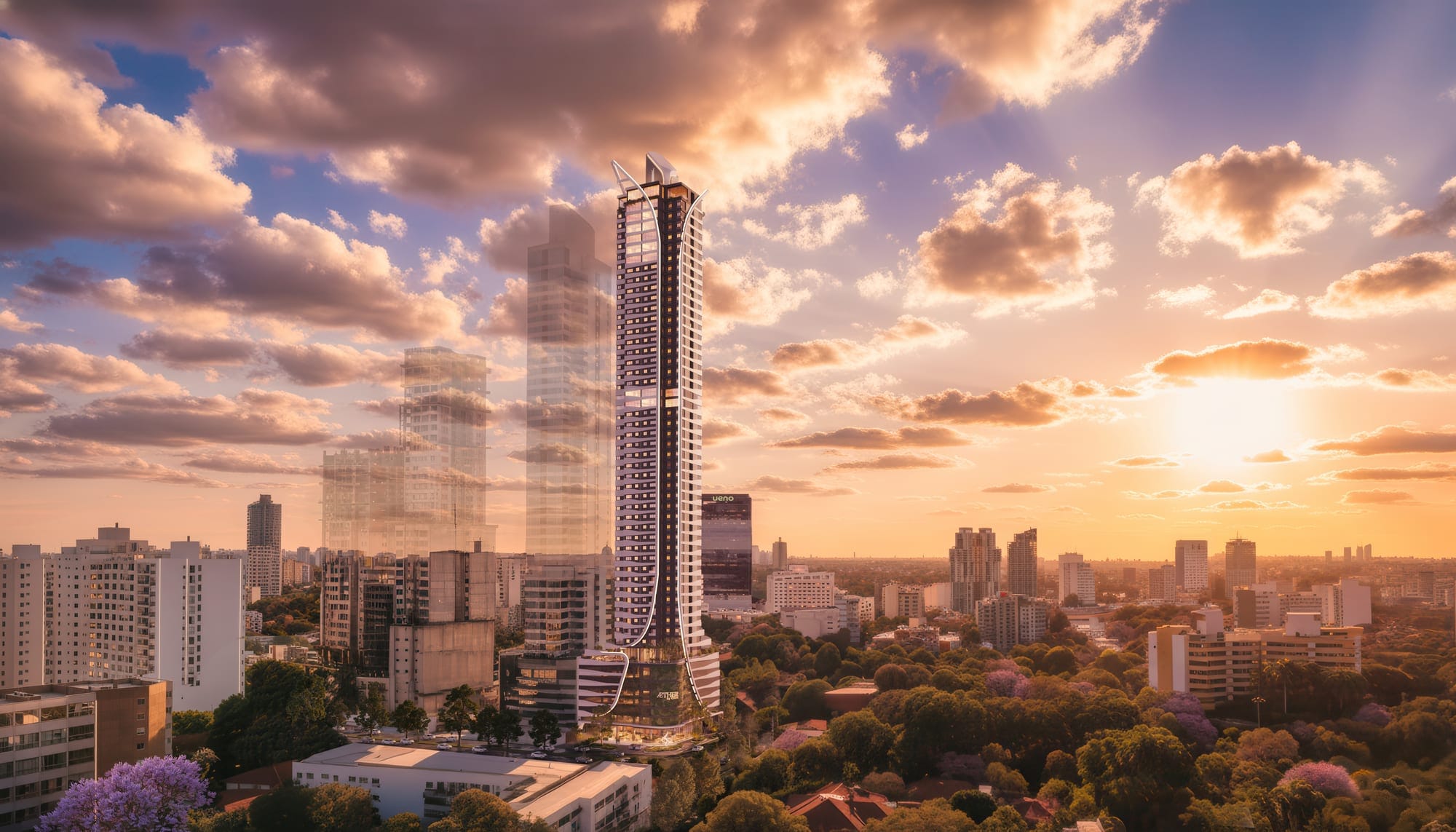 Tour Aether by Civis vue depuis les toits d’Asunción sous un ciel de fin de journée, au Paraguay.