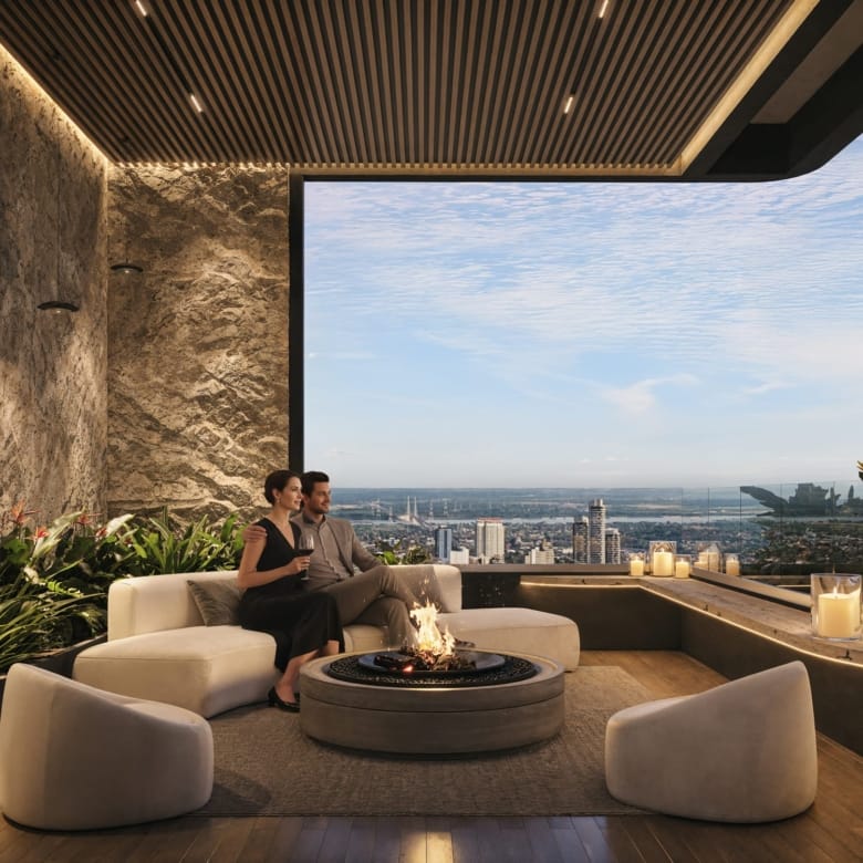 Sky lounge avec canapés, brasero et vue panoramique sur la ville dans la résidence Aether by Civis à Asunción, Paraguay.