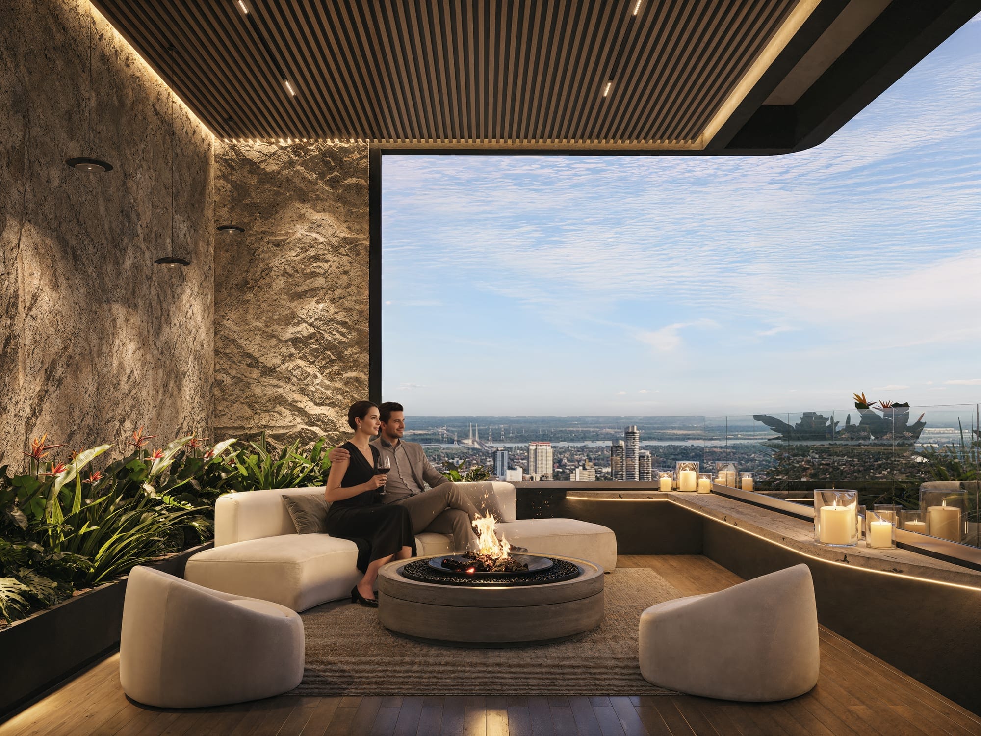 Sky lounge avec canapés, brasero et vue panoramique sur la ville dans la résidence Aether by Civis à Asunción, Paraguay.