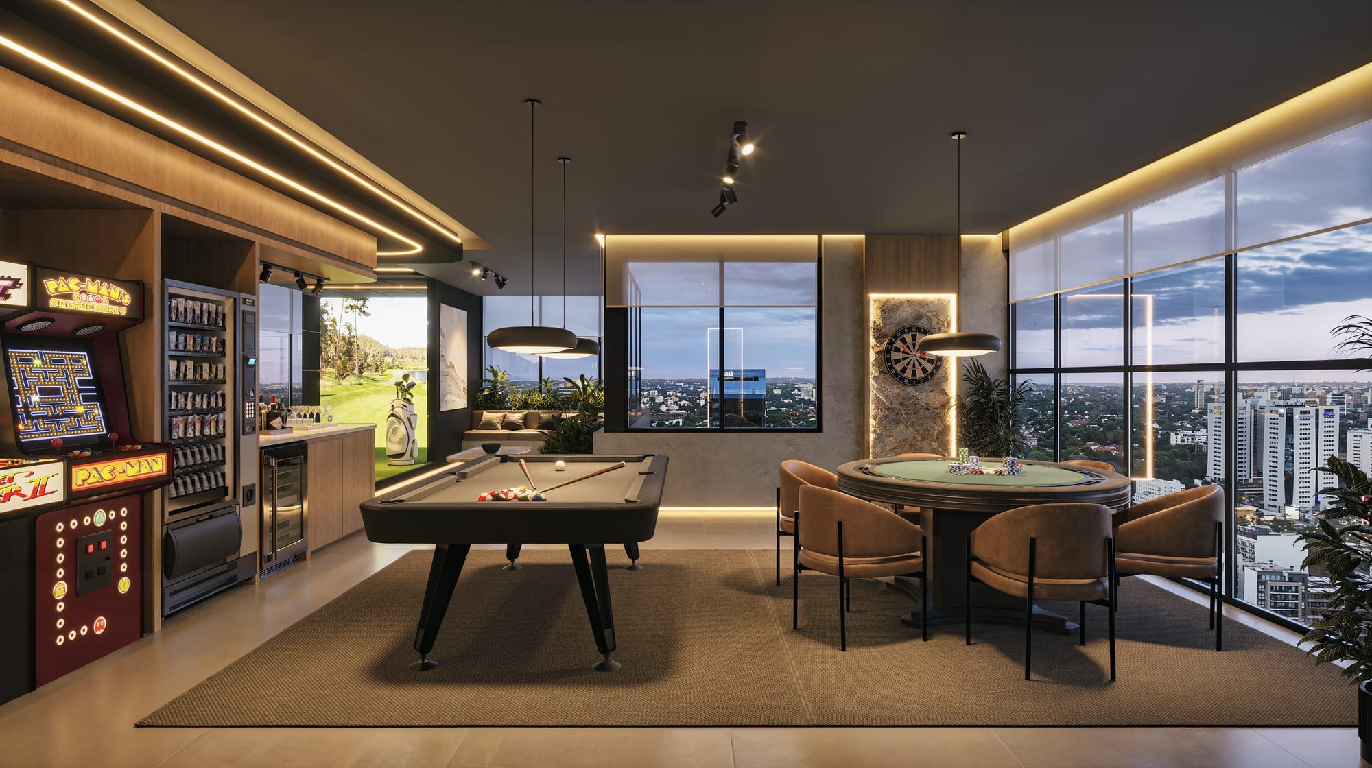 Salle de jeux avec billard et table de poker dans la résidence Aether by Civis à Asunción, Paraguay.