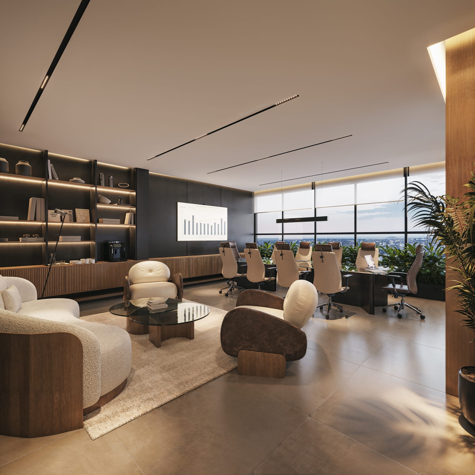 Salle de réunion et espace de coworking avec vue sur la ville dans la résidence Aether by Civis à Asunción, Paraguay.
