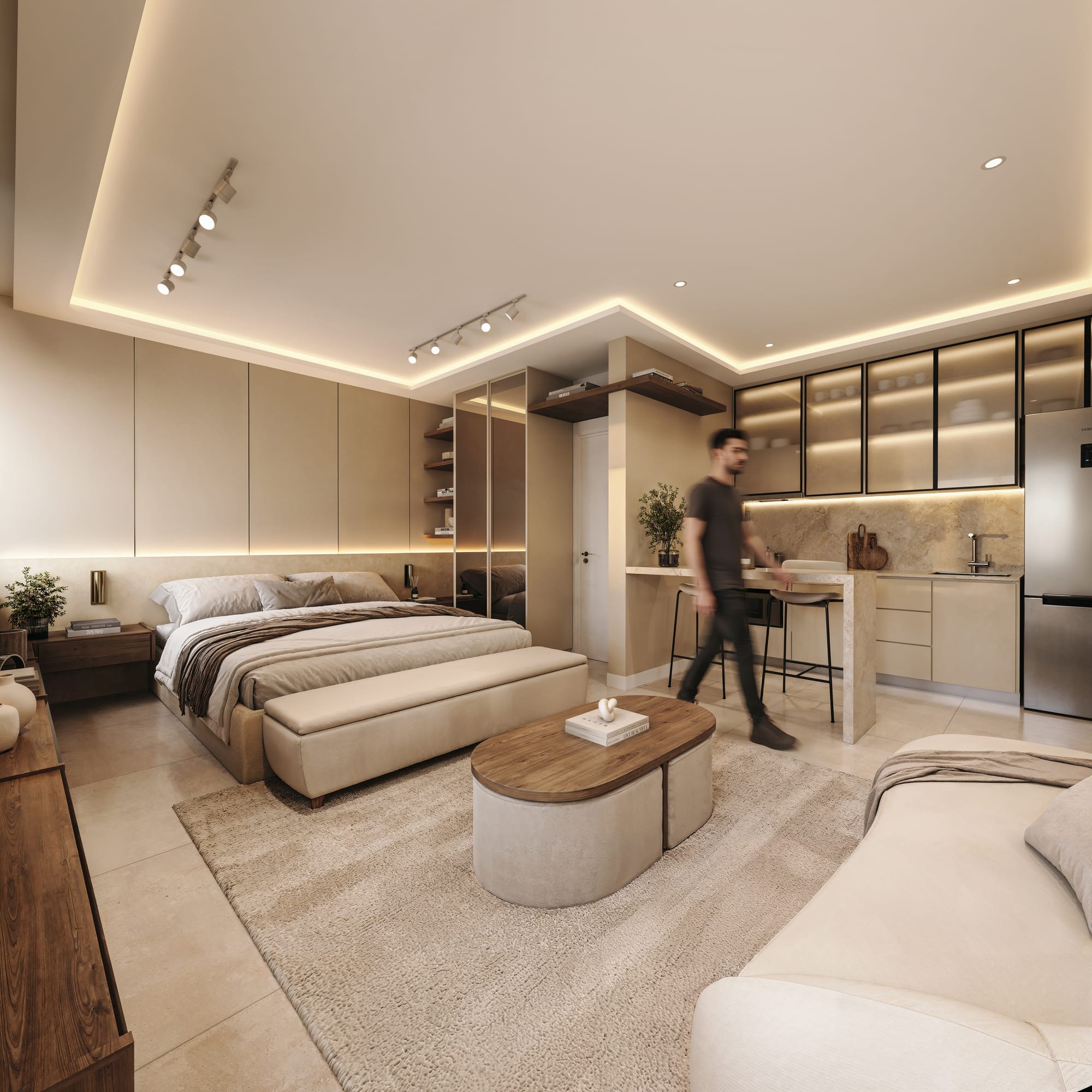 Intérieur d’un studio meublé avec lit, coin salon et cuisine dans la tour Aether by Civis à Asunción, Paraguay.