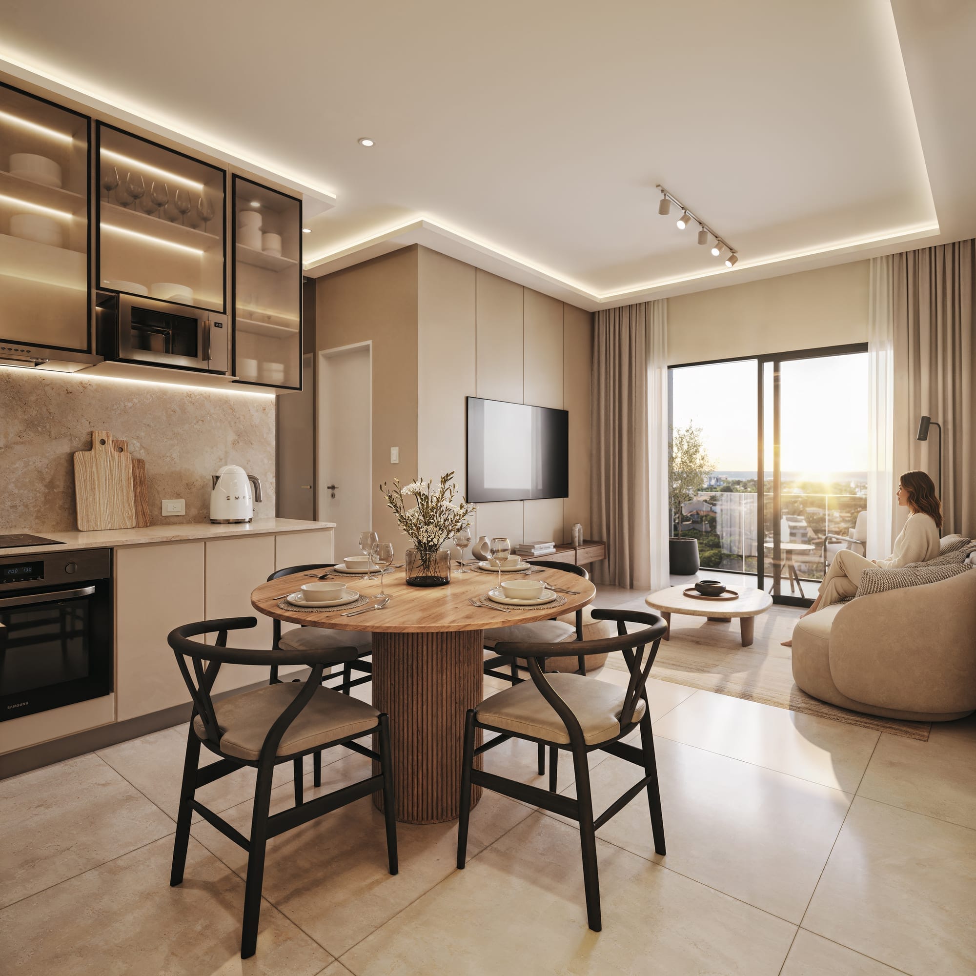 Séjour et cuisine ouverte d’un appartement 1 chambre avec balcon dans la tour Aether by Civis à Asunción, Paraguay.